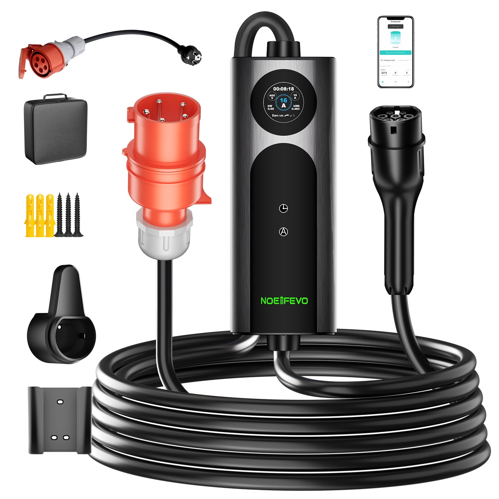 NOEIFEVO 2026 Pro Mobile Wallbox 11kw mit app, e auto CEE 16A auf Typ 2 Ladekabel, 3-phasig EV Ladegerät für Allen EVs(IEC 62196-2) & PHEVS