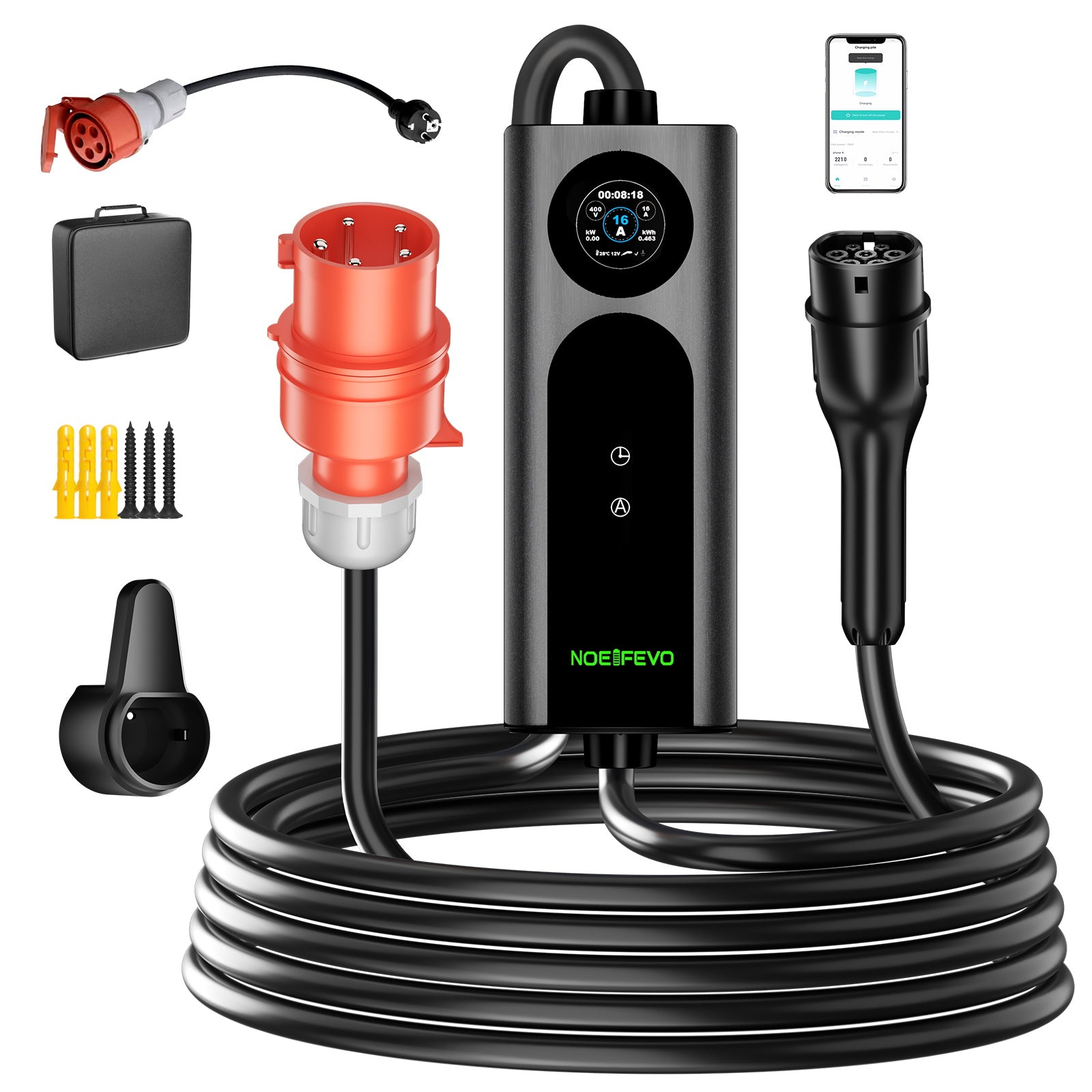 NOEIFEVO 2026 Pro mobil wallbox 11 kW med app, elbil CEE 16A til Type 2 ladekabel, 3-faset EV-lader til alle EV'er (IEC 62196-2) & PHEV'er