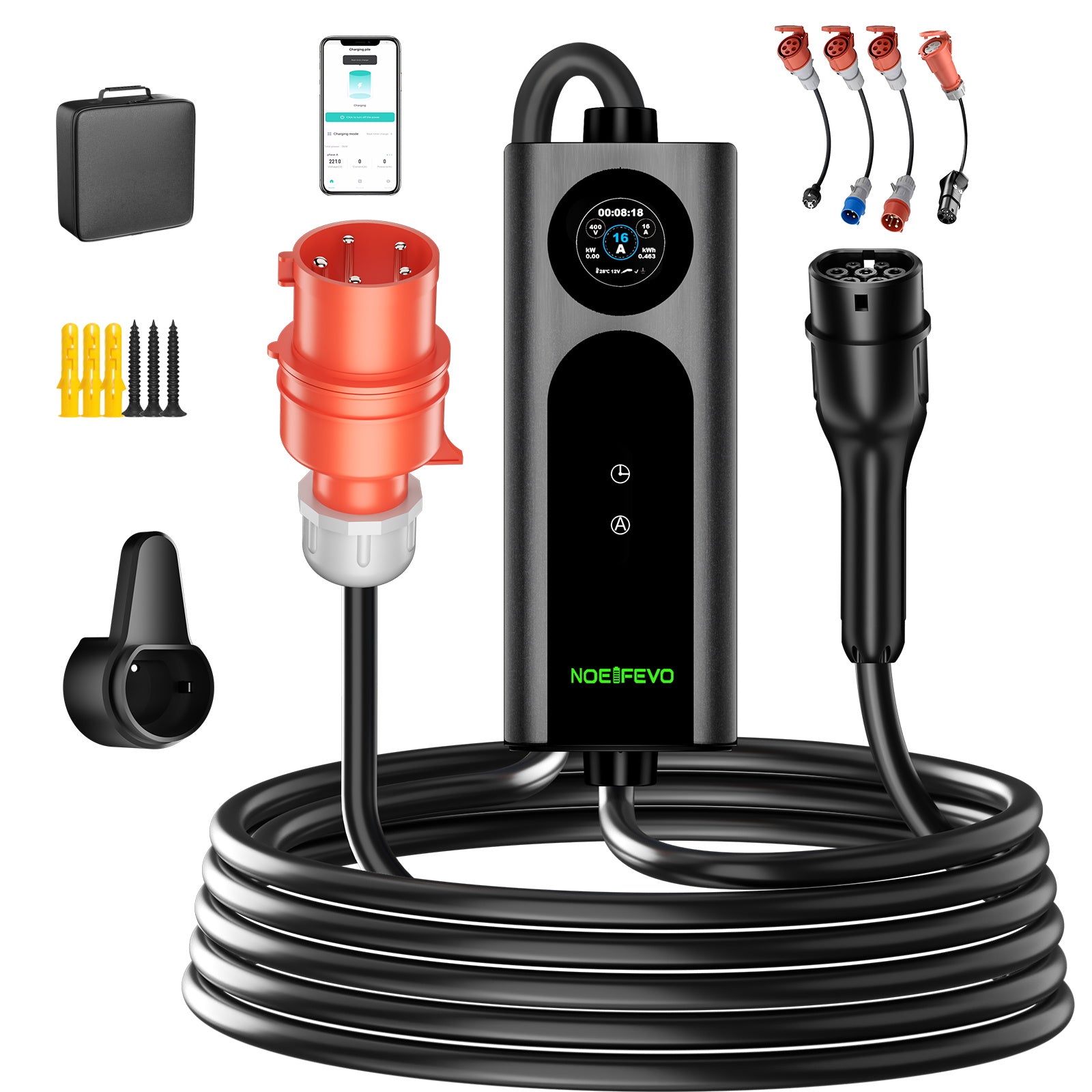 NOEIFEVO 2026 Pro mobil wallbox 11 kW med app, elbil CEE 16A til Type 2 ladekabel, 3-faset EV-lader til alle EV'er (IEC 62196-2) & PHEV'er