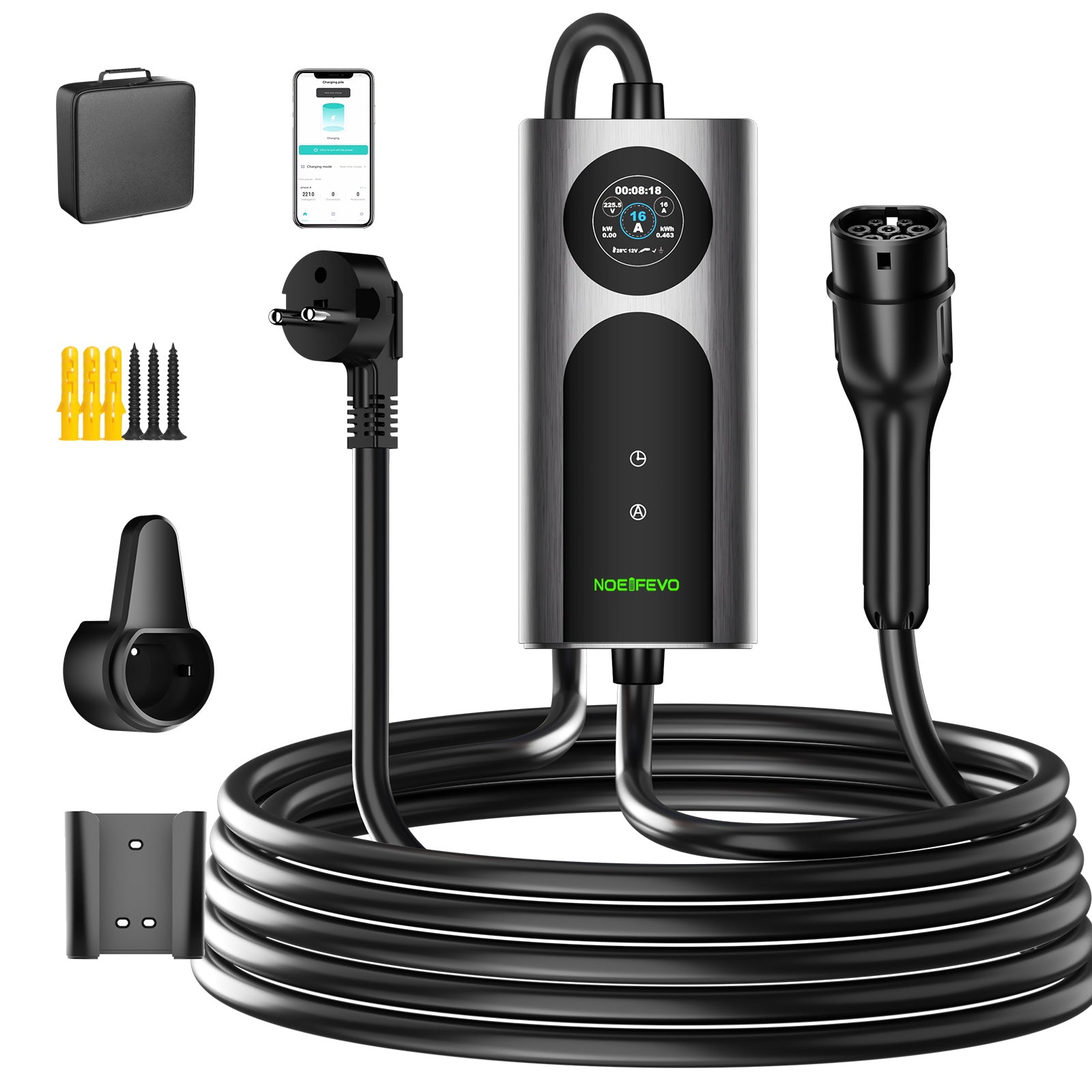 NOEIFEVO CY01 Type 2 laadkabel Schuko 220V, 3,7kW mobiele Wallbox met APP, 6-16A 1-fasige laadkabel e-auto voor alle EVs (IEC 62196-2) & PHEVS