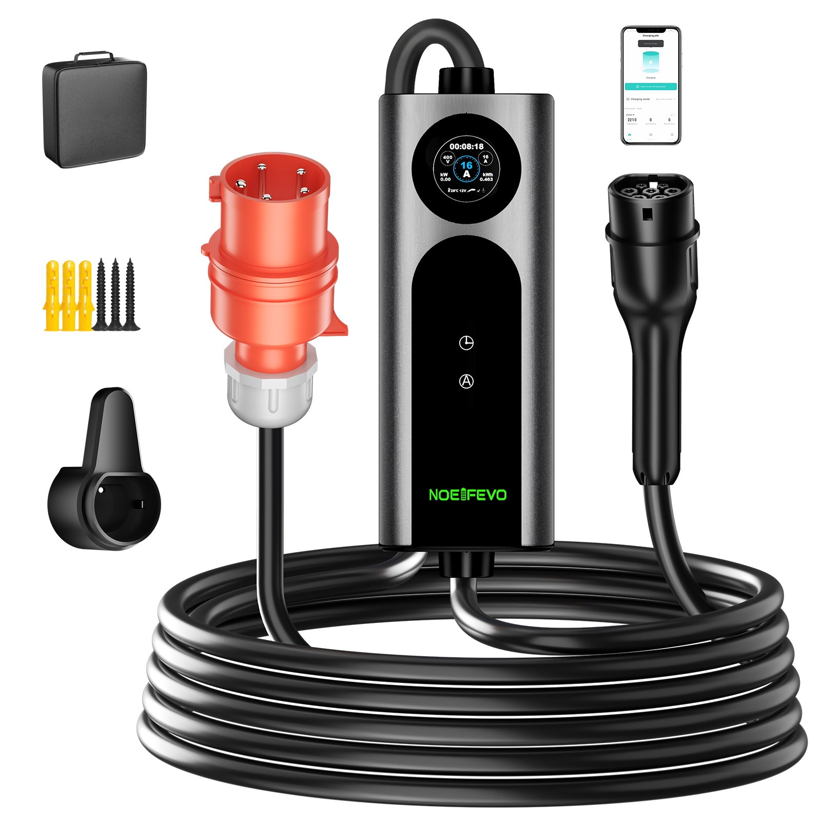 NOEIFEVO 2026 Pro mobiele wallbox 11 kW met app, laadkabel voor e-auto CEE 16A naar type 2, 3-fase EV-lader voor alle EV's (IEC 62196-2) & PHEV's