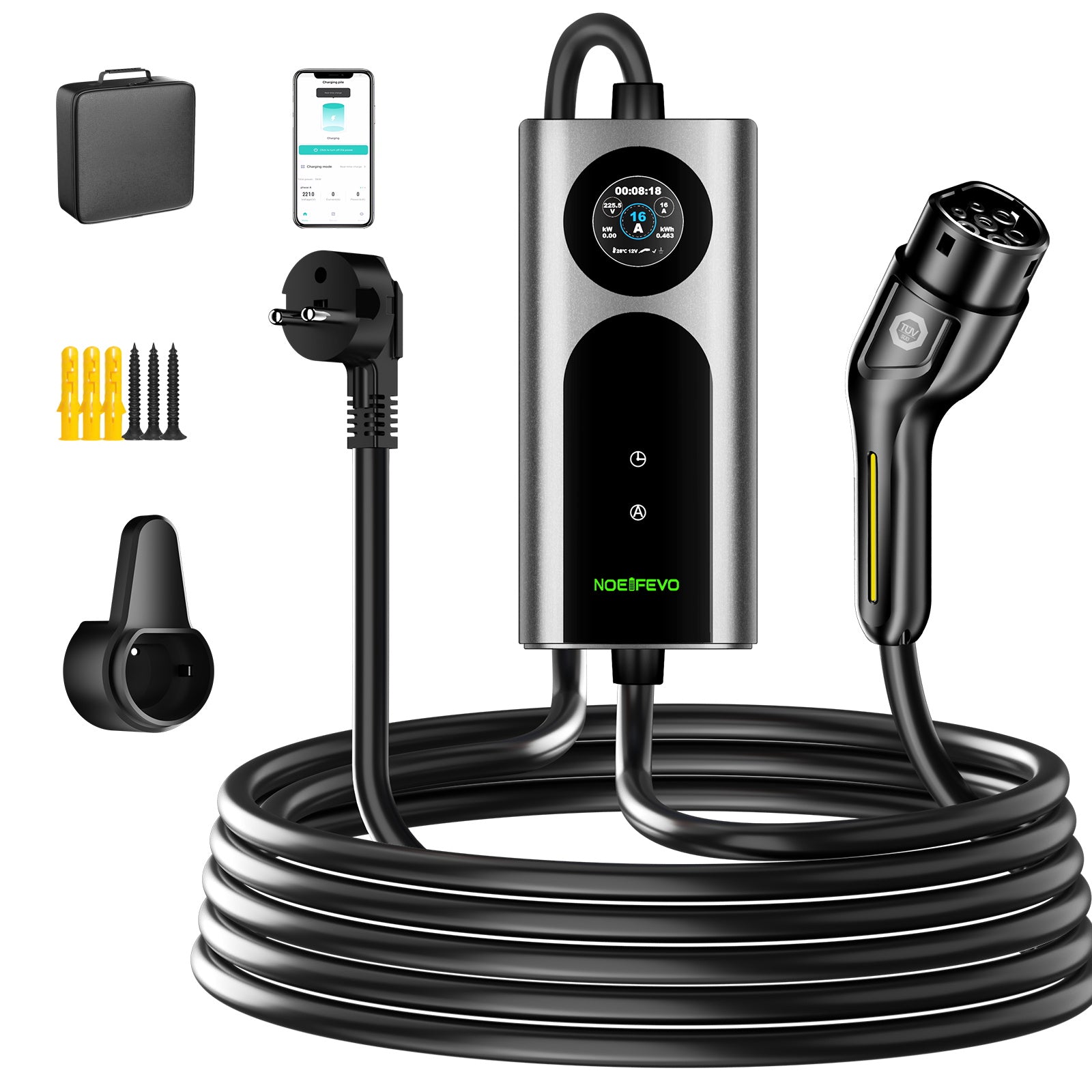 NOEIFEVO CY01 Typ 2 nabíjecí kabel Schuko 220V, 3,7kW mobilní Wallbox s APP, 6-16A 1fázový nabíjecí kabel pro všechny EV (IEC 62196-2) & PHEV