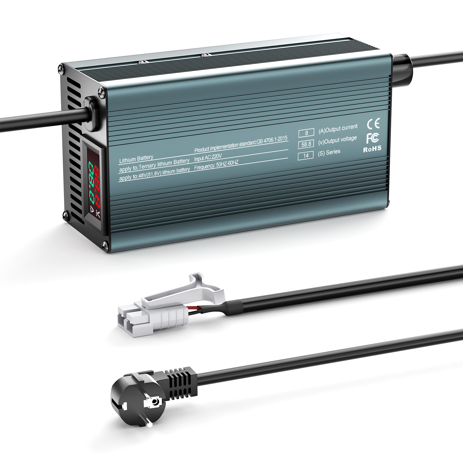 NOEIFEVO 58.8V 8A 14S litium-batterilader for 14S 51.8V Li-ion-batterier, strømjustering 1-8A, langsom lading og rask lading (MLC1300)