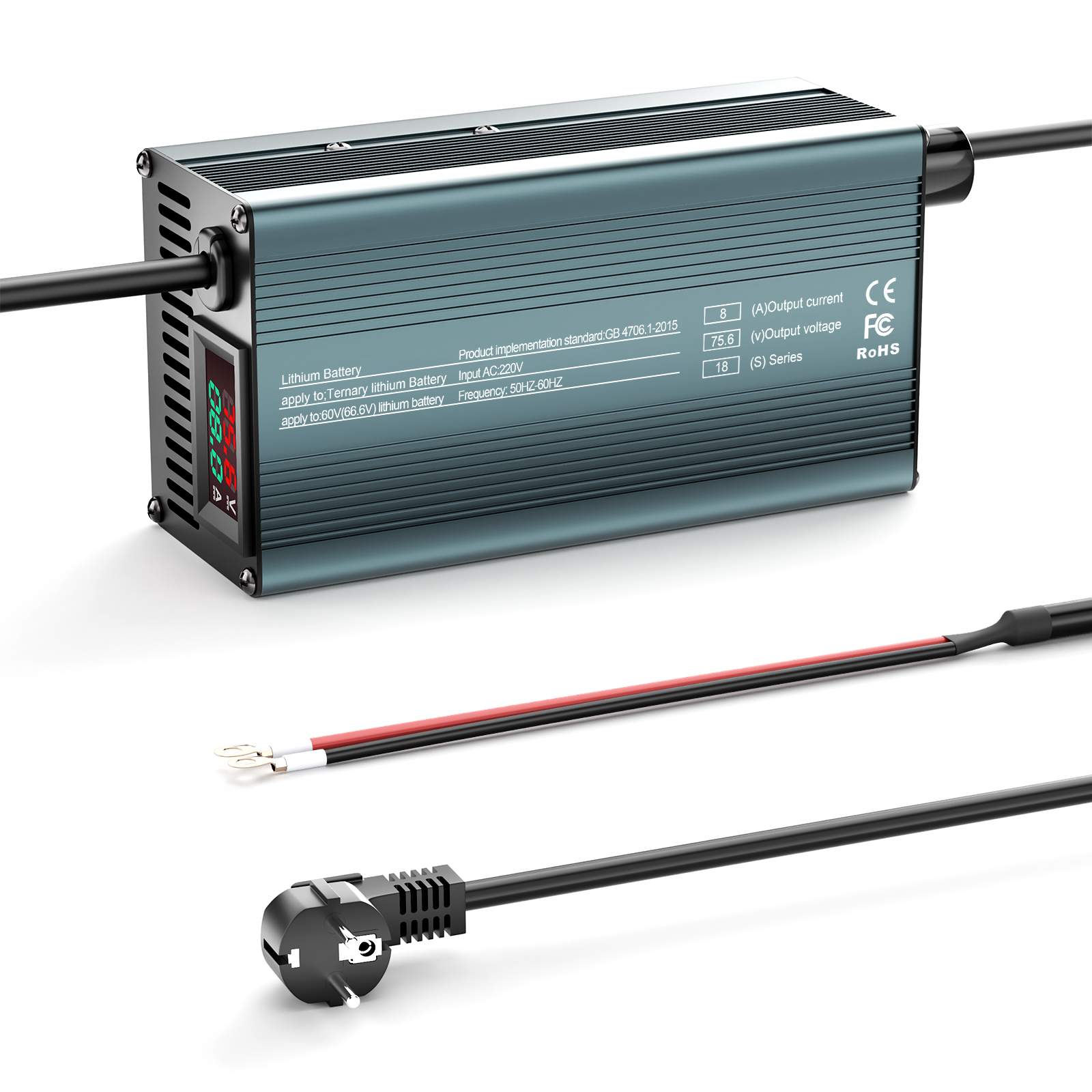 NOEIFEVO 75.6V 8A 18S Litiumbatteriladdare för 18S 66.6V Li-Ion-batterier, strömjustering 1-8A, långsam och snabb laddning (MLC1300)