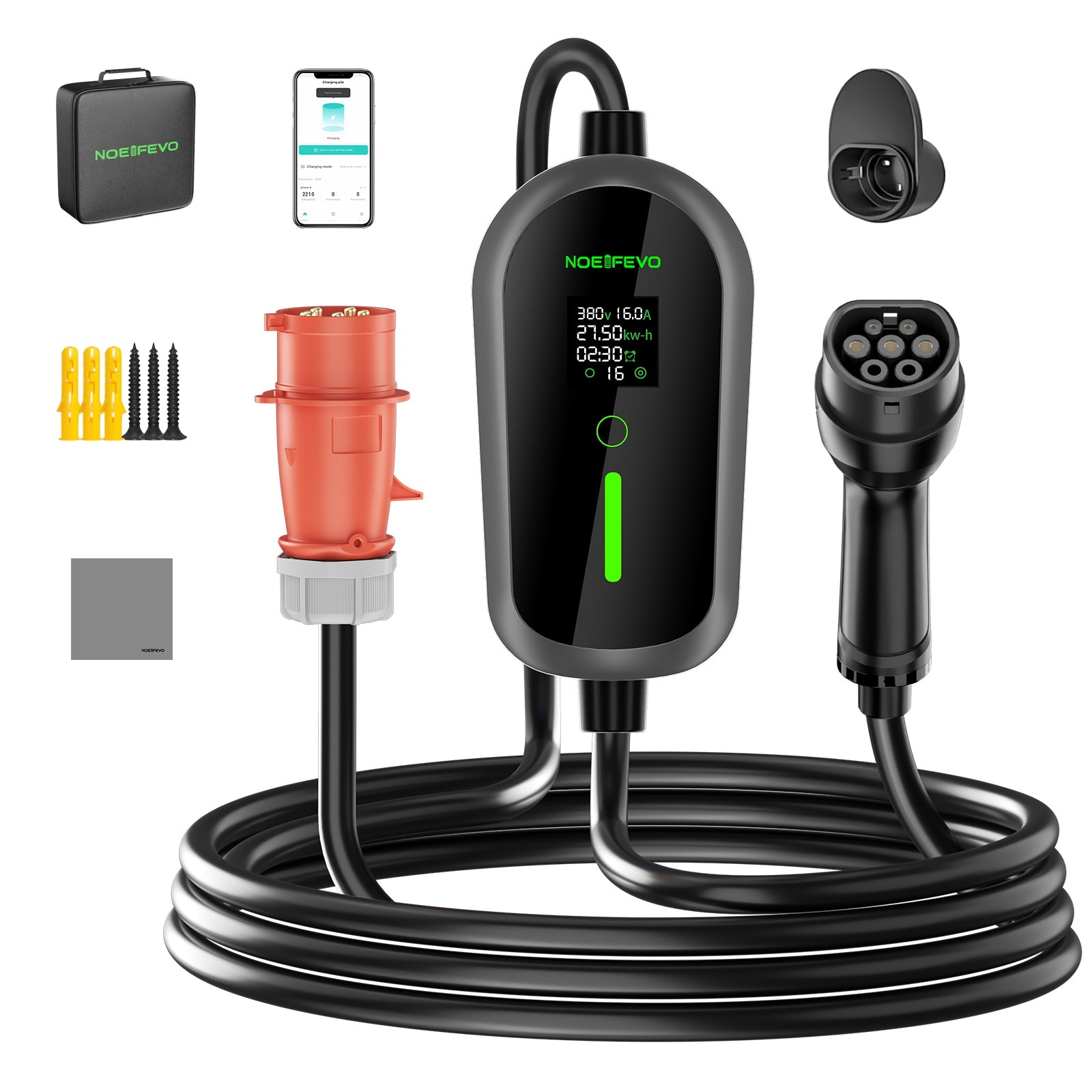 NOEIFEVO F097 11KW Wallbox móvil EV con app, 3 fases 6-16A con potencia de carga ajustable, control remoto por Wi-Fi, cable de carga CEE 16A a Tipo 2 para cargador EV