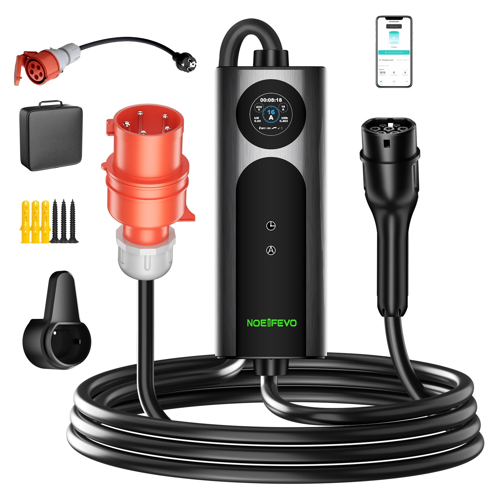 NOEIFEVO 2026 Pro Mobile Wallbox 11kw mit app, e auto CEE 16A auf Typ 2 Ladekabel, 3-phasig EV Ladegerät für Allen EVs(IEC 62196-2) & PHEVS