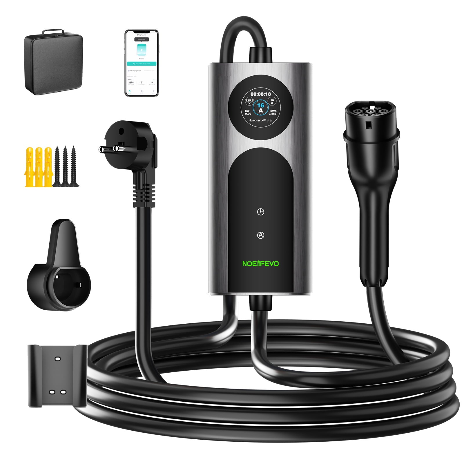 NOEIFEVO CY01 Type 2 laadkabel Schuko 220V, 3,7kW mobiele Wallbox met APP, 6-16A 1-fasige laadkabel e-auto voor alle EVs (IEC 62196-2) & PHEVS