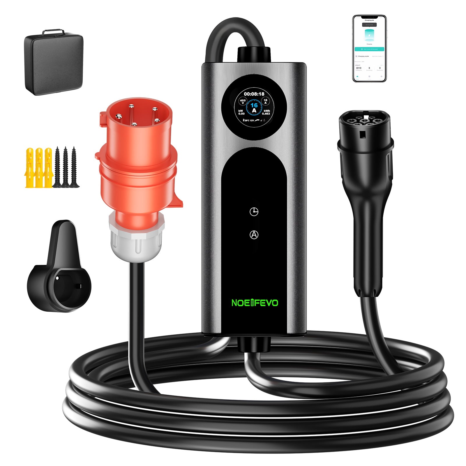 NOEIFEVO 2026 Pro mobiele wallbox 11 kW met app, laadkabel voor e-auto CEE 16A naar type 2, 3-fase EV-lader voor alle EV's (IEC 62196-2) & PHEV's