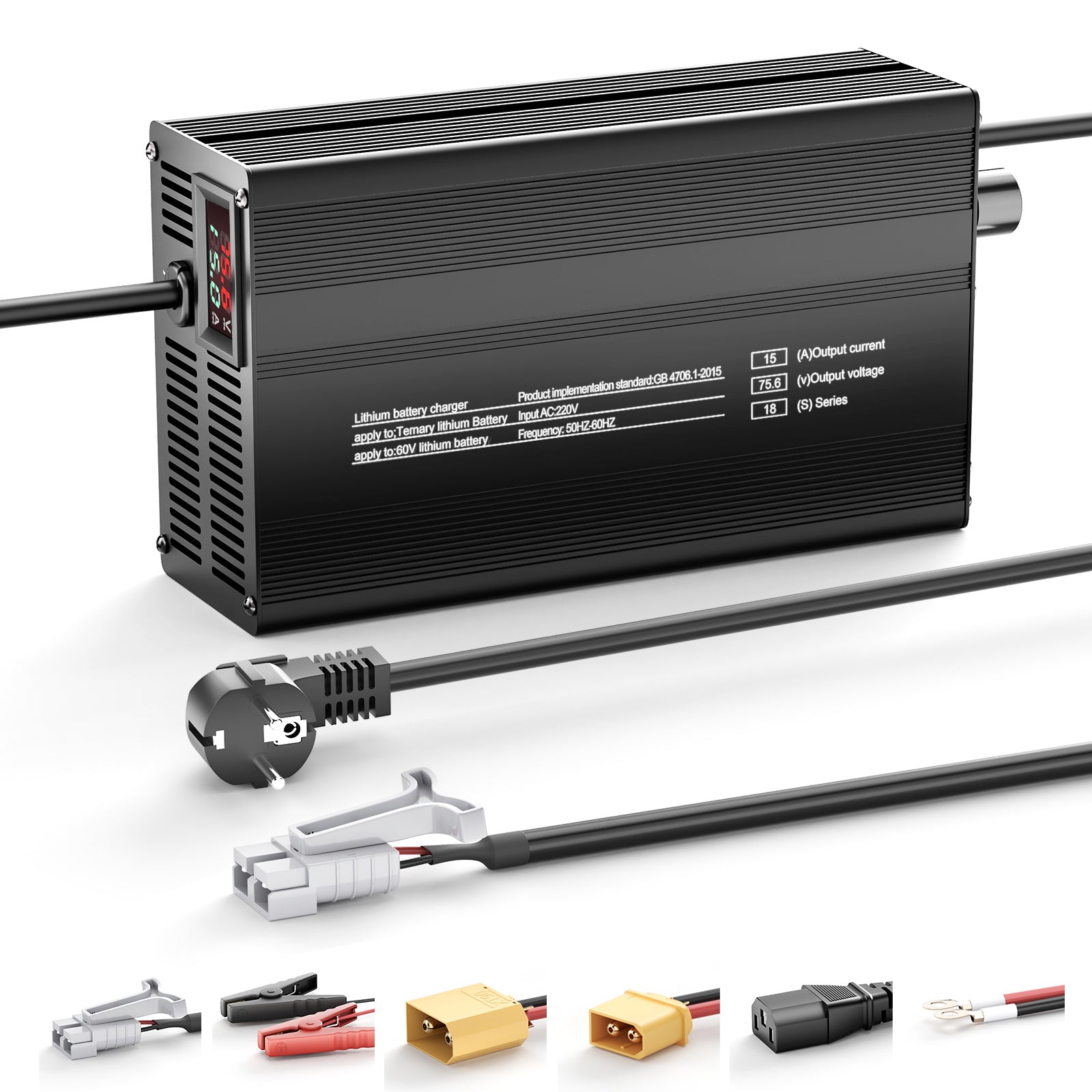 NOEIFEVO 60V 18S 15A Lithium-batterijlader, uitgangsspanning 75.6V, stroominstelling 1-15A, langzaam laden en snel laden (MLC1300)