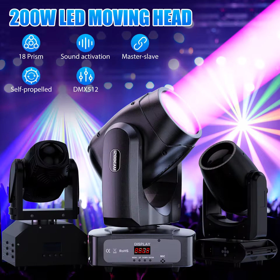 200W LED Beam -moving head -valo, 18 prismaa sisältävä väriprojektori näyttämövalaistukseen, tehosteprojektori baareihin, syntymäpäiväjuhliin, klubeille, KTV:hen, konsertteihin ja teattereihin