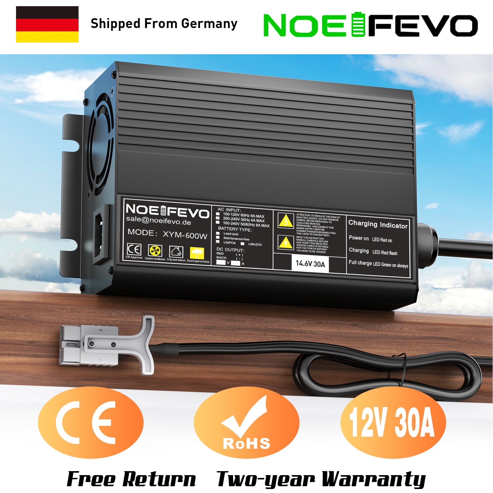 Noeifevo 12V 12,8V 30A Lithium LiFePO4 batteriladdare, laddningsspänning 14,6V, 0V BMS aktivering, automatisk avstängning, aluminiumhus