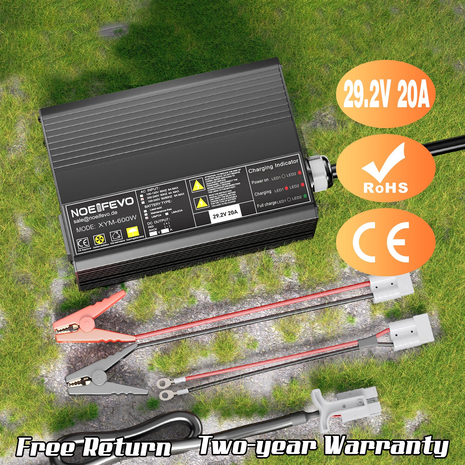 Noeifevo 29,2V 20A LiFePO4 batterilader for 24V 25,6V litiumbatteri, 0V BMS Aktiver, automatisk avstenging med full beskyttelse