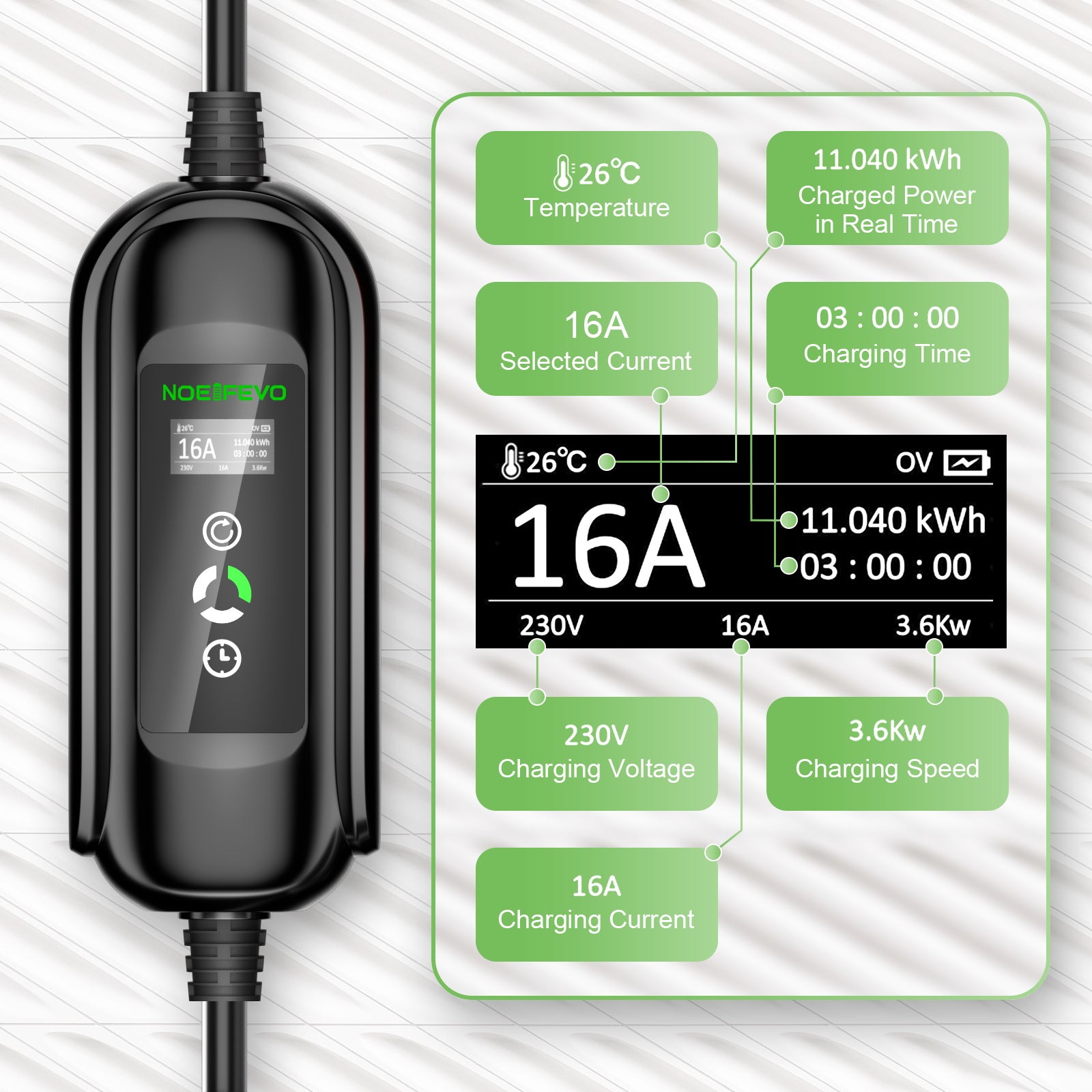 Noeifevo נייד  /סוג 1סוג 2 3.7KW 16A מטען EV,  כבל טעינה EV נייד עם Schuko, 5m / 10m/15m