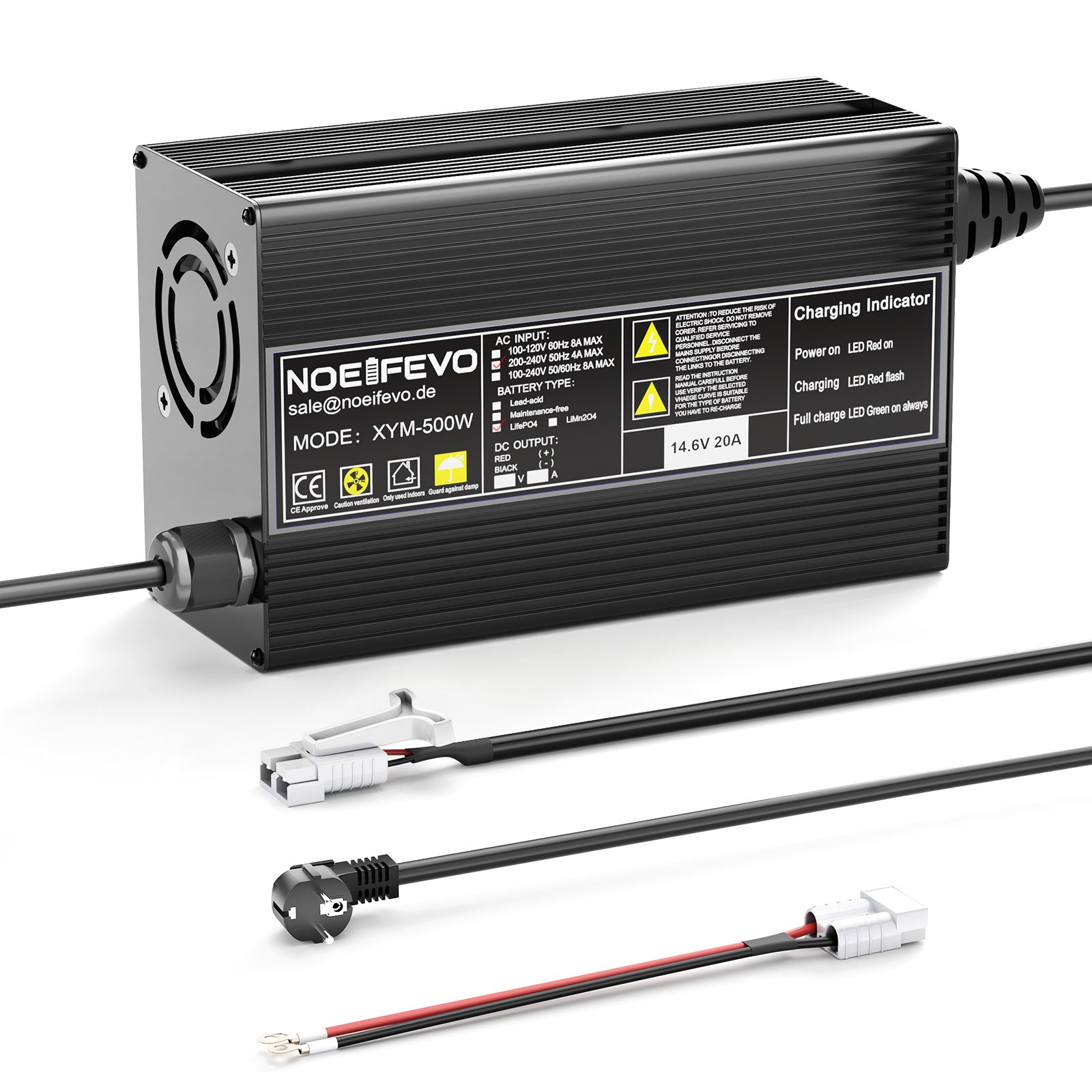 Noeifevo 14.6V 20A LiFePO4 batterijlader voor 12V 12.8V LiFePO4 lithium-batterij, 0V BMS-activering, automatische uitschakeling, behuizing van aluminiumlegering