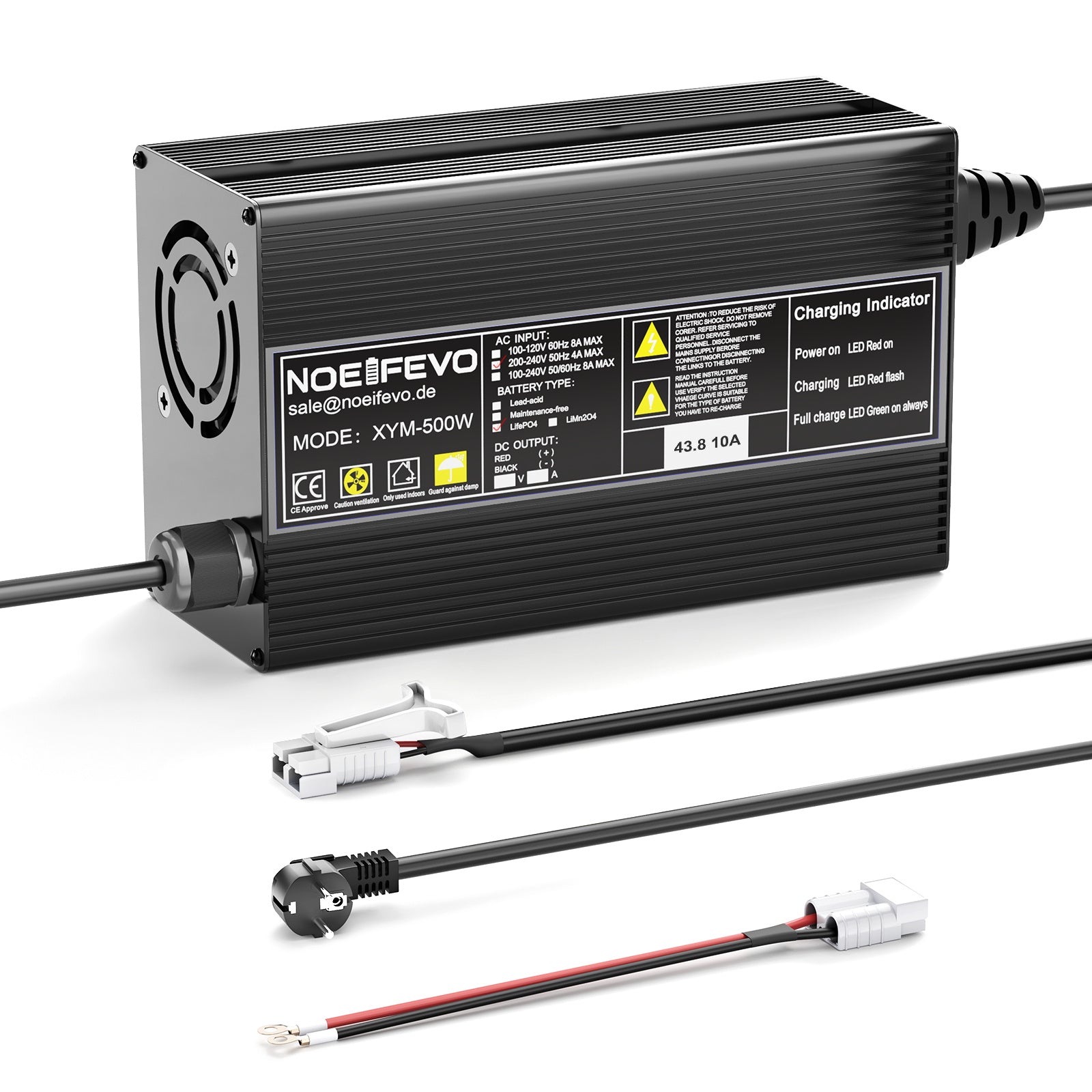 Noeifevo 43.8V 10A LiFePO4 batteriladdare för 36V 38.4V 12S LiFePO4 batteri
​