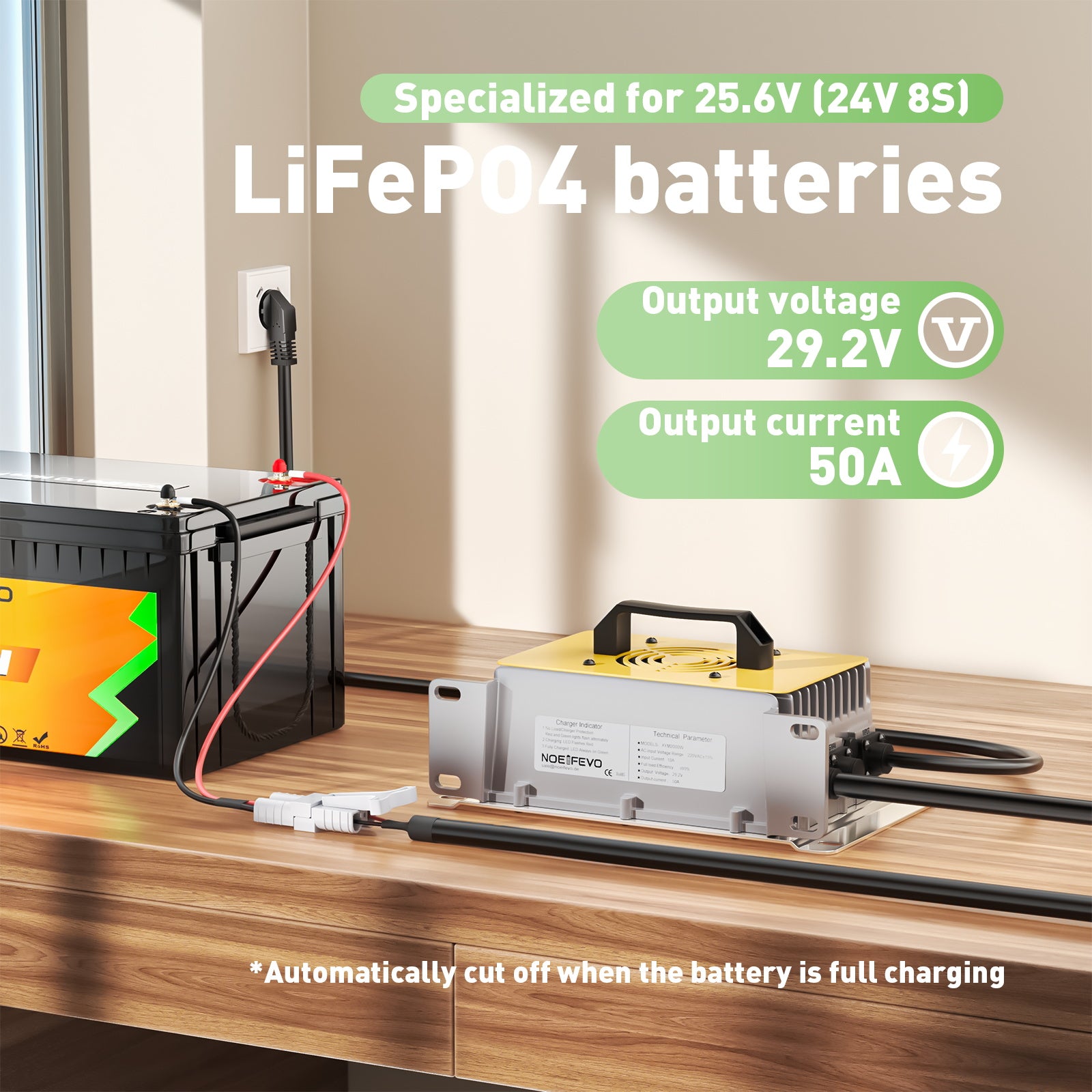 NOEIFEVO Caricabatteria LiFePO4 29,2V 50A per batteria LiFePO4 24V 25,6V, impermeabile, attivazione BMS 0V