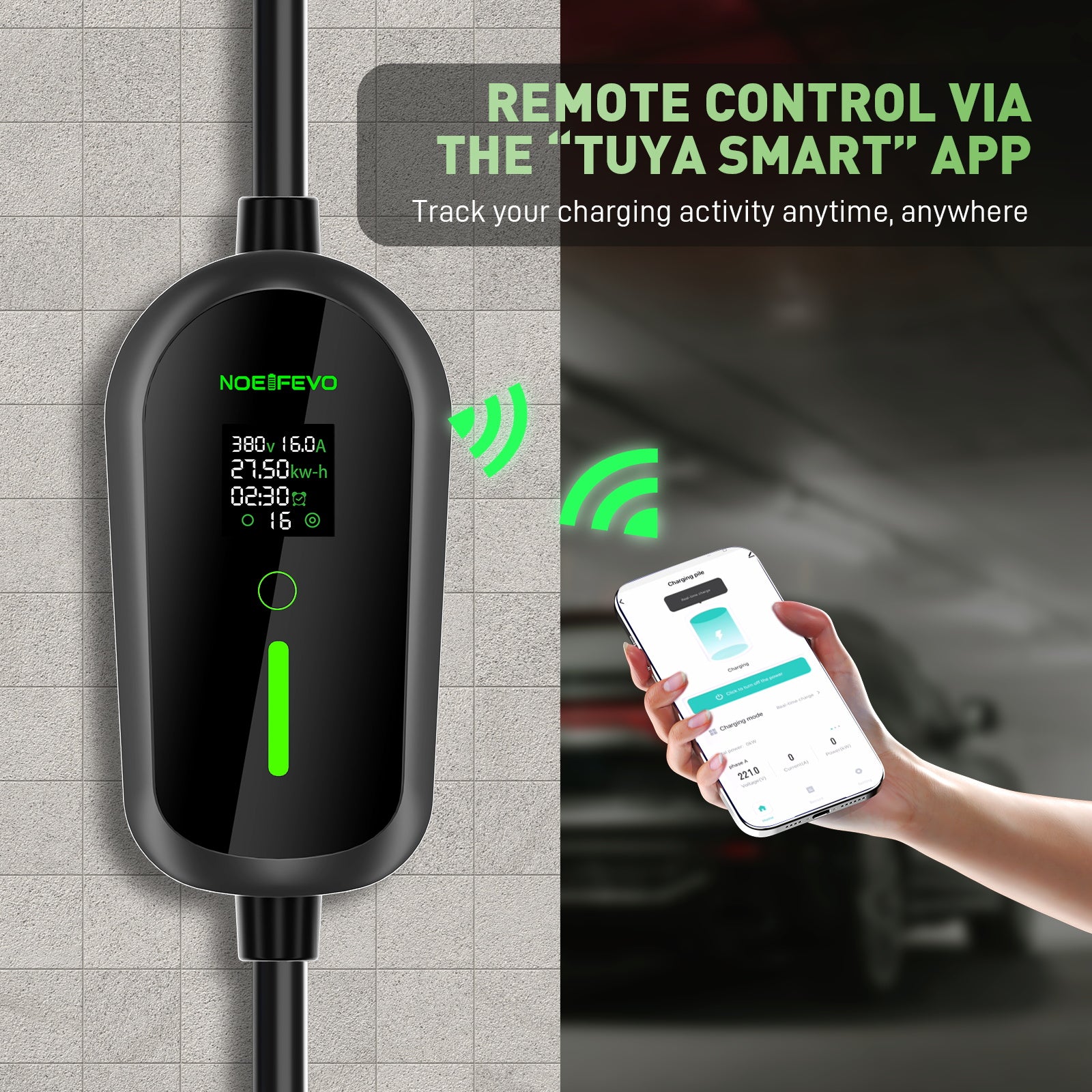 NOEIFEVO F097 11KW Wallbox mobile EV con app, 3-fase 6-16A con potenza di carica regolabile, controllo remoto Wi-Fi, cavo di ricarica CEE 16A a Tipo 2 per caricatore EV