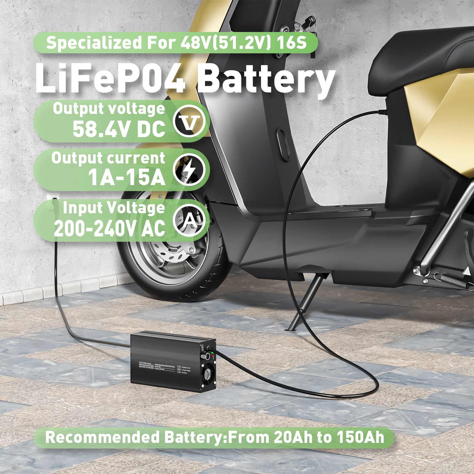 Laadapparaat voor lithium LiFePO4-batterijen van NOEIFEVO 51.2V 48V 16S, uitgangsspanning 58.4V, stroominstelling 1-15A, langzaam en snel laden (MLC1300)