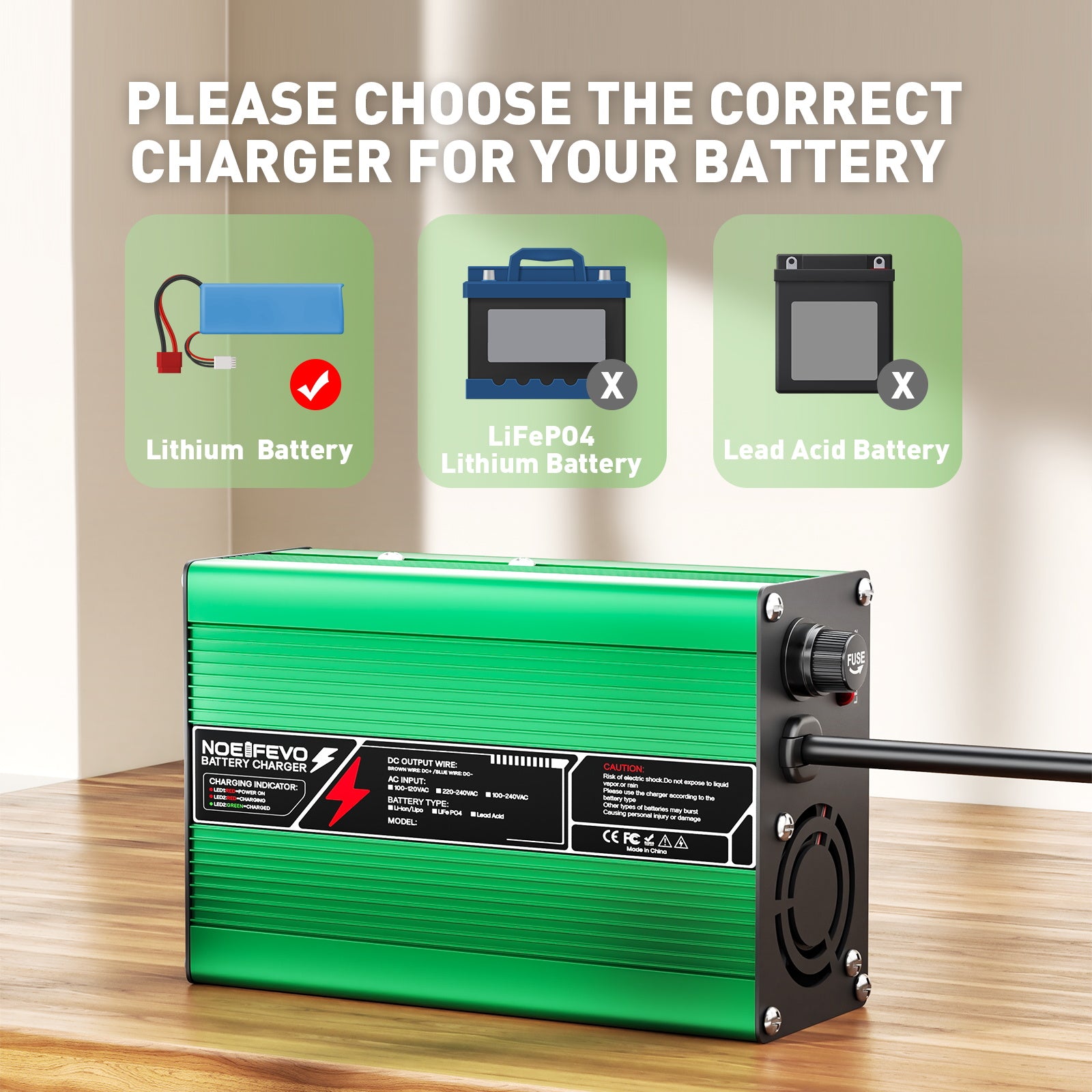 NOEIFEVO 46.2V 4A Lithium-oplader voor 11S 40.7V Li-Ion Lipo-batterijen, koelfan, automatische uitschakeling (GROEN)