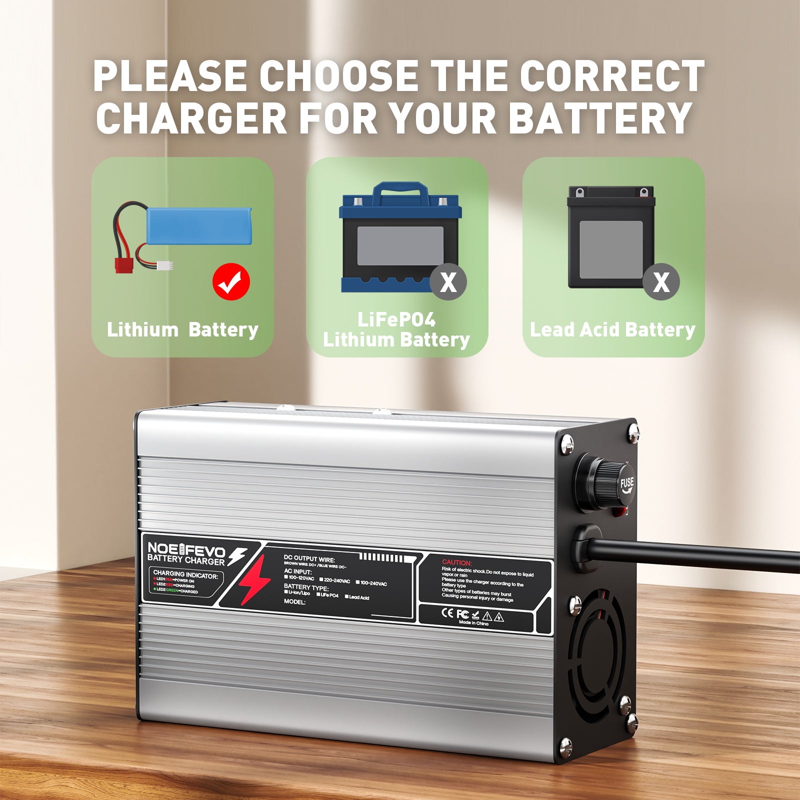 NOEIFEVO 29.4V 2A 3A 4A 5A litiumladdare för 7S 25.9V Li-Ion Lipo-batterier, kylfläkt, automatisk avstängning