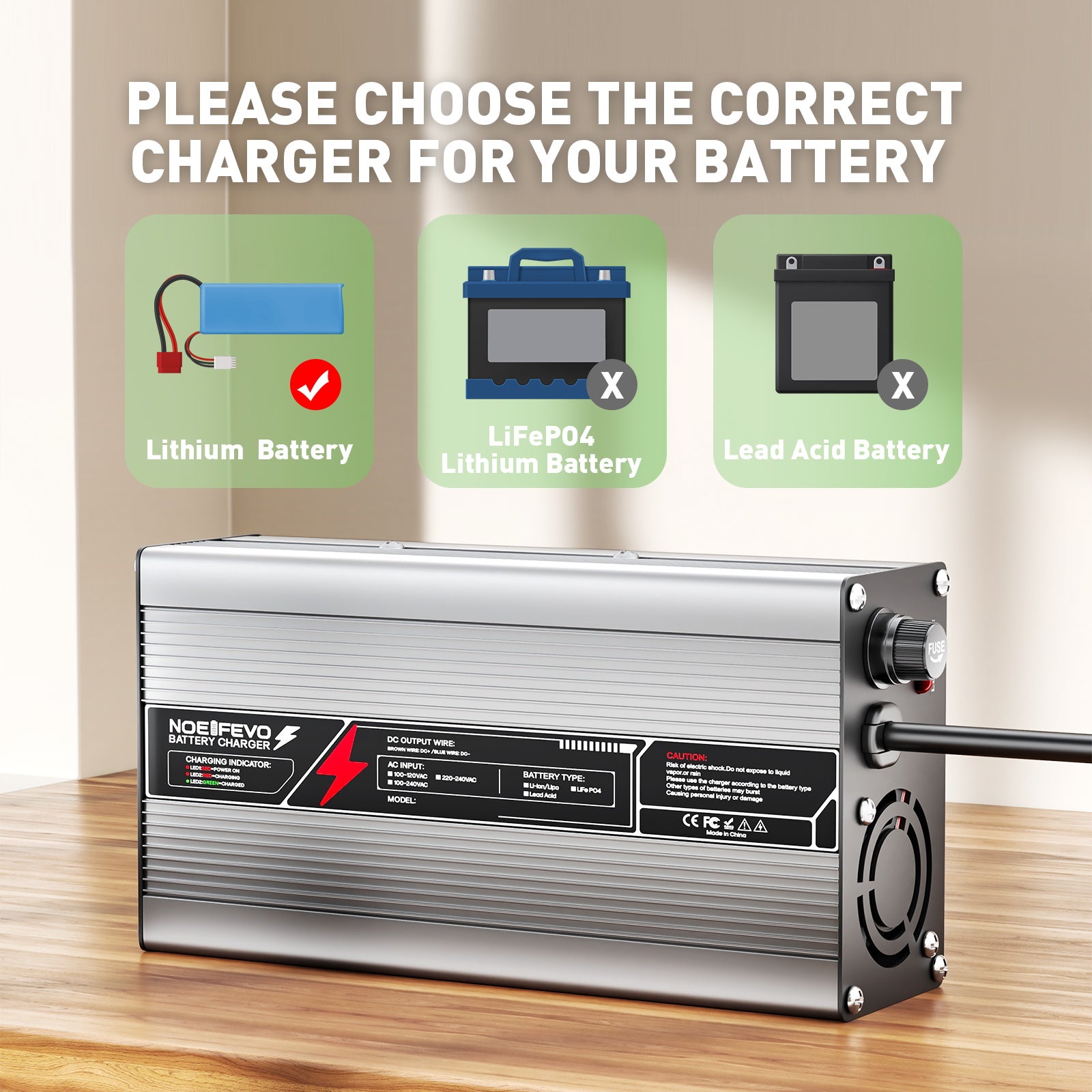 NOEIFEVO 79,8 V 5 A Lithium-Batterieladegerät für 70,2 V 19S-Batterie, automatische Abschaltung, Aluminiumgehäuse, mit Lüfter (Silber)