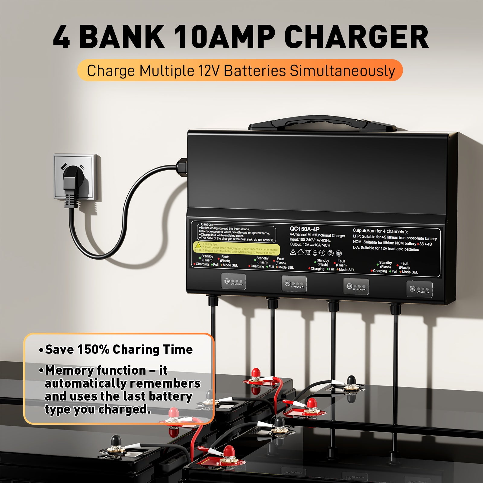 NOEIFEVO Universell batteriladdare 12V 40A 4-bankar (10A/bank), vattentät 12V LiFePO4 litium-blybatteriladdare för husbil, båt, motorcykel, gräsklippare, trollingmotor och blybatteri