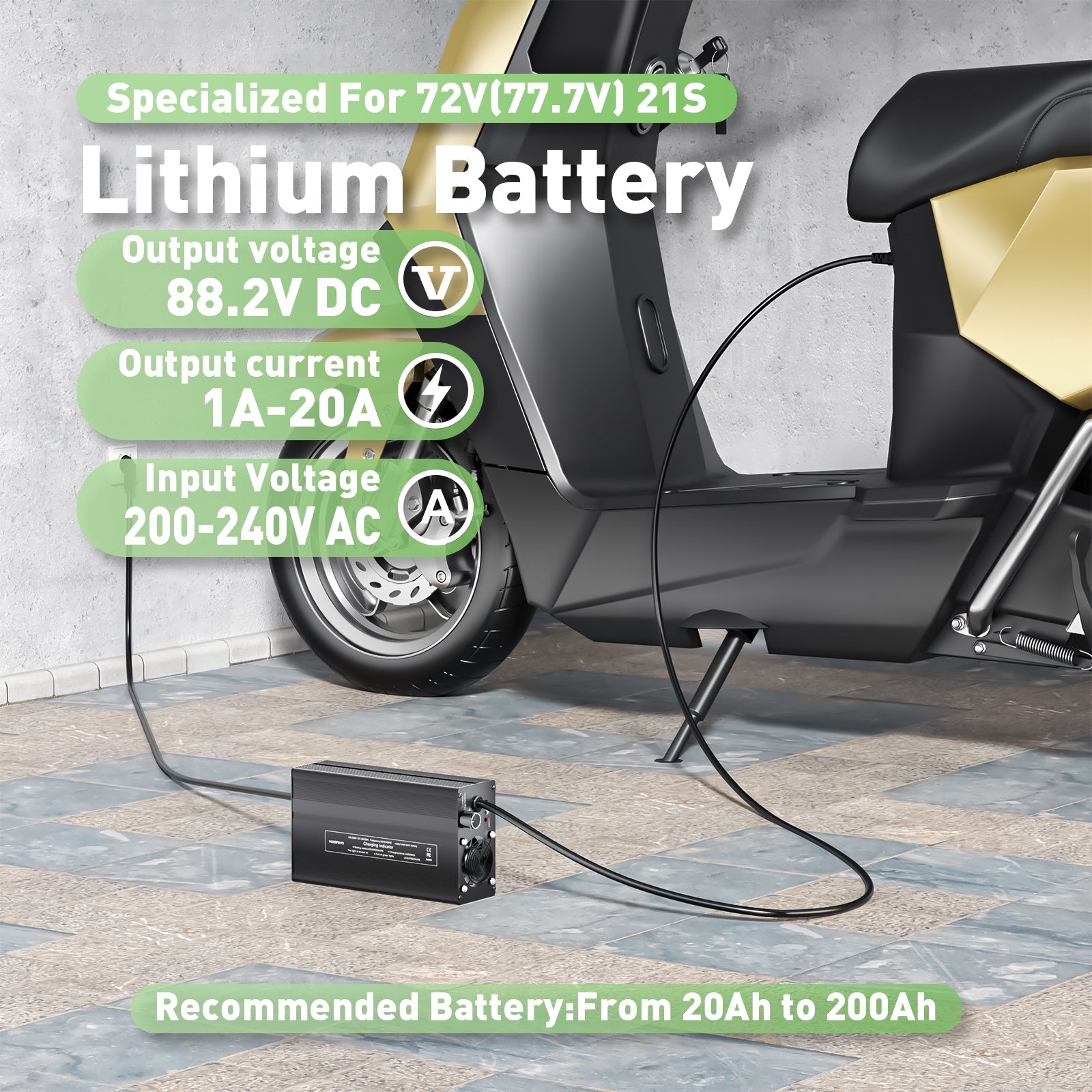 NOEIFEVO 88.2V 20A Lithium-Batterieladegerät für 77.7V 21S Lithium-Li-Ionen-Lipo-Batterie, LCD-Anzeige, Strom einstellbar, Ladegerät für E-Bike, Roller, Elektromotorrad