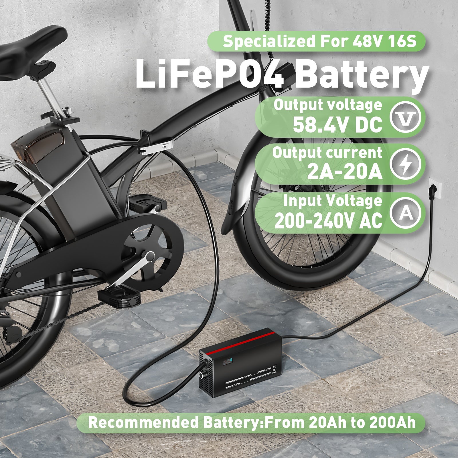 NOEIFEVO 58.4V 2-20A Litium-LiFePO4-laddare för 51.2V 16S LiFePO4-batteri, LCD-display, justerbar ström, laddare för golfvagnar, trollingmotorer, båtar och husbilar