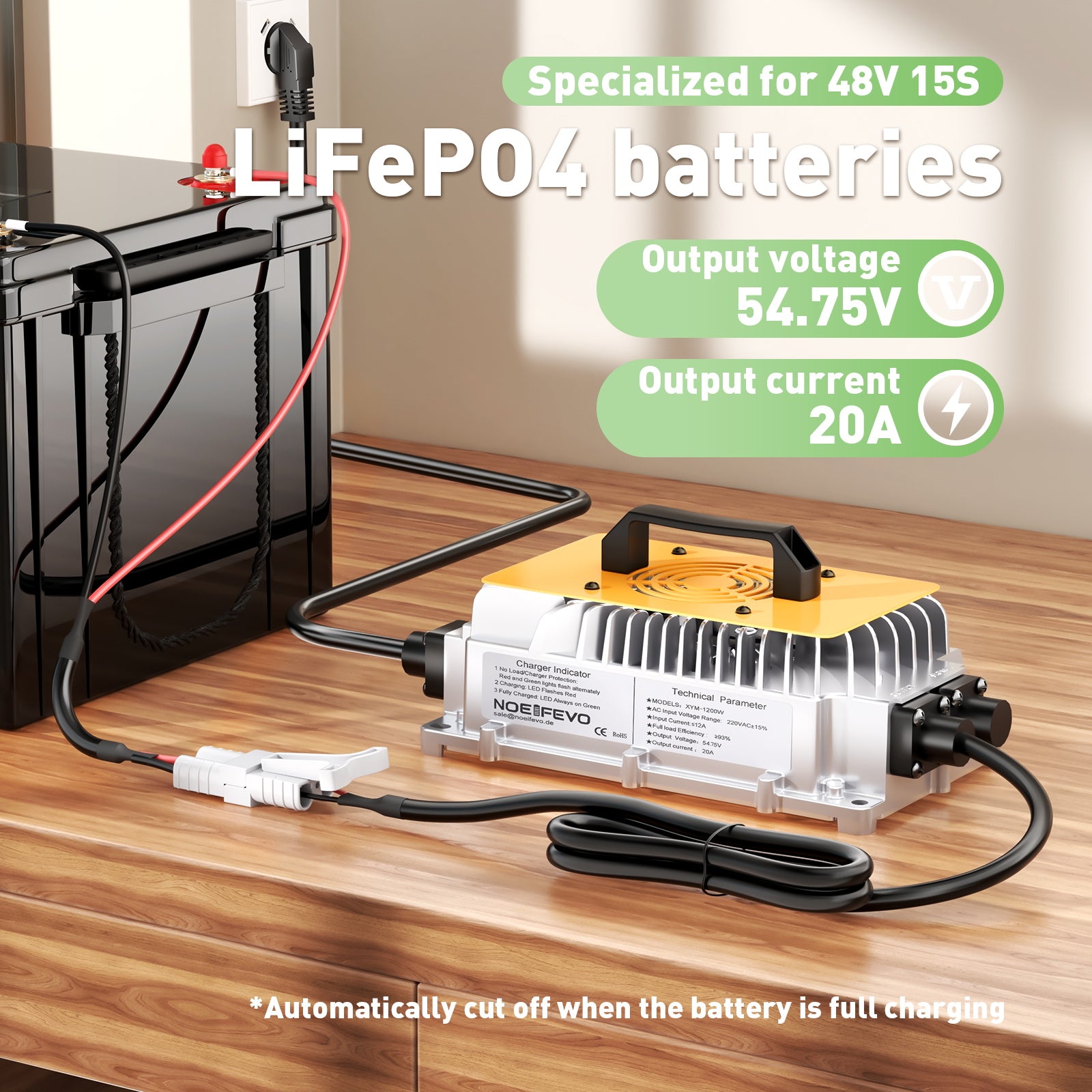 NOEIFEVO 54.75V 20A LiFePO4 batterijlader voor 48V 15S lithium-ionbatterij, waterdicht, 0V BMS-activering, automatische uitschakeling
​