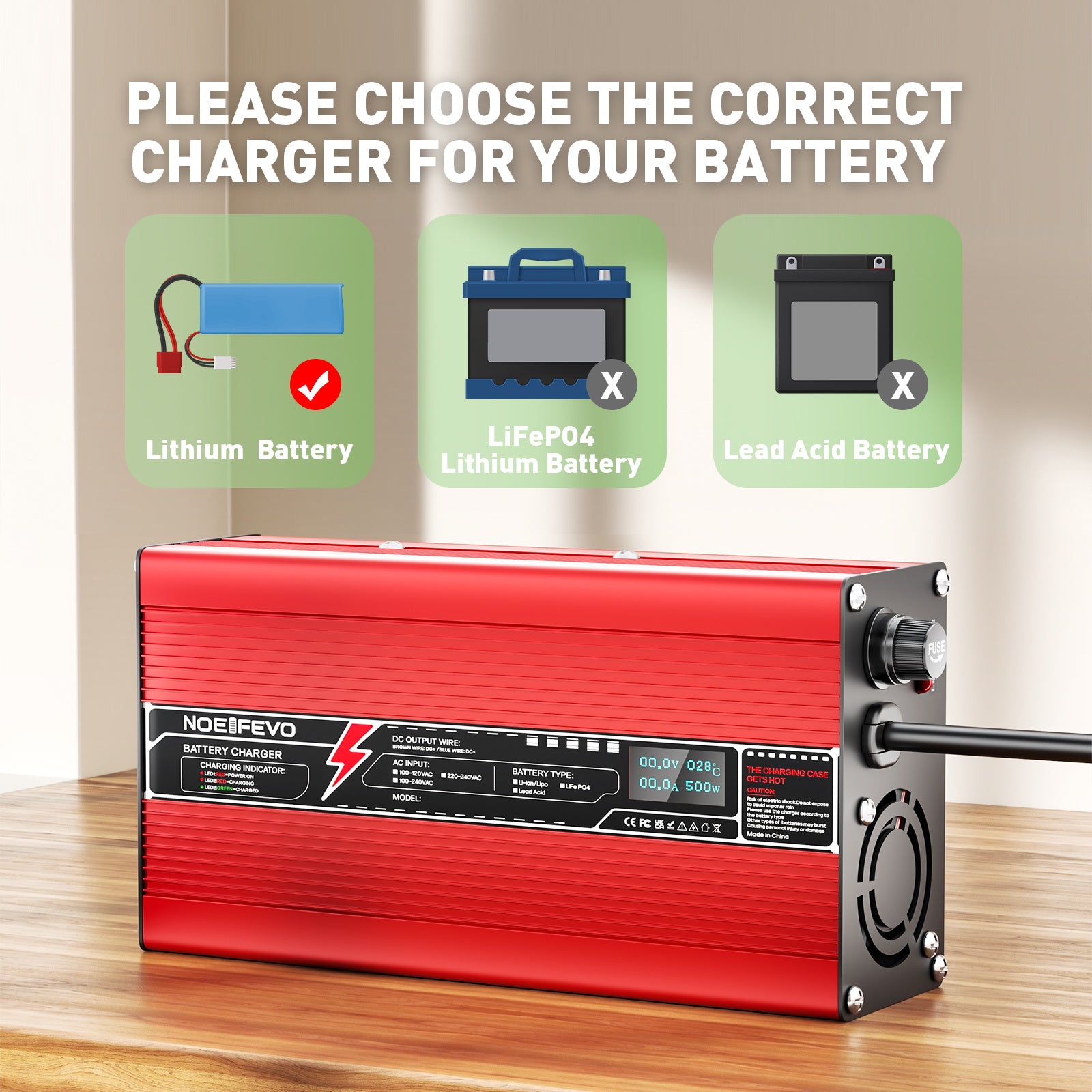 NOEIFEVO 60V 6A Loodzuurbatterijoplader, Laadt spanning 69V-73,5V, automatische uitschakeling, OLED-scherm, aluminium behuizing, met ventilator