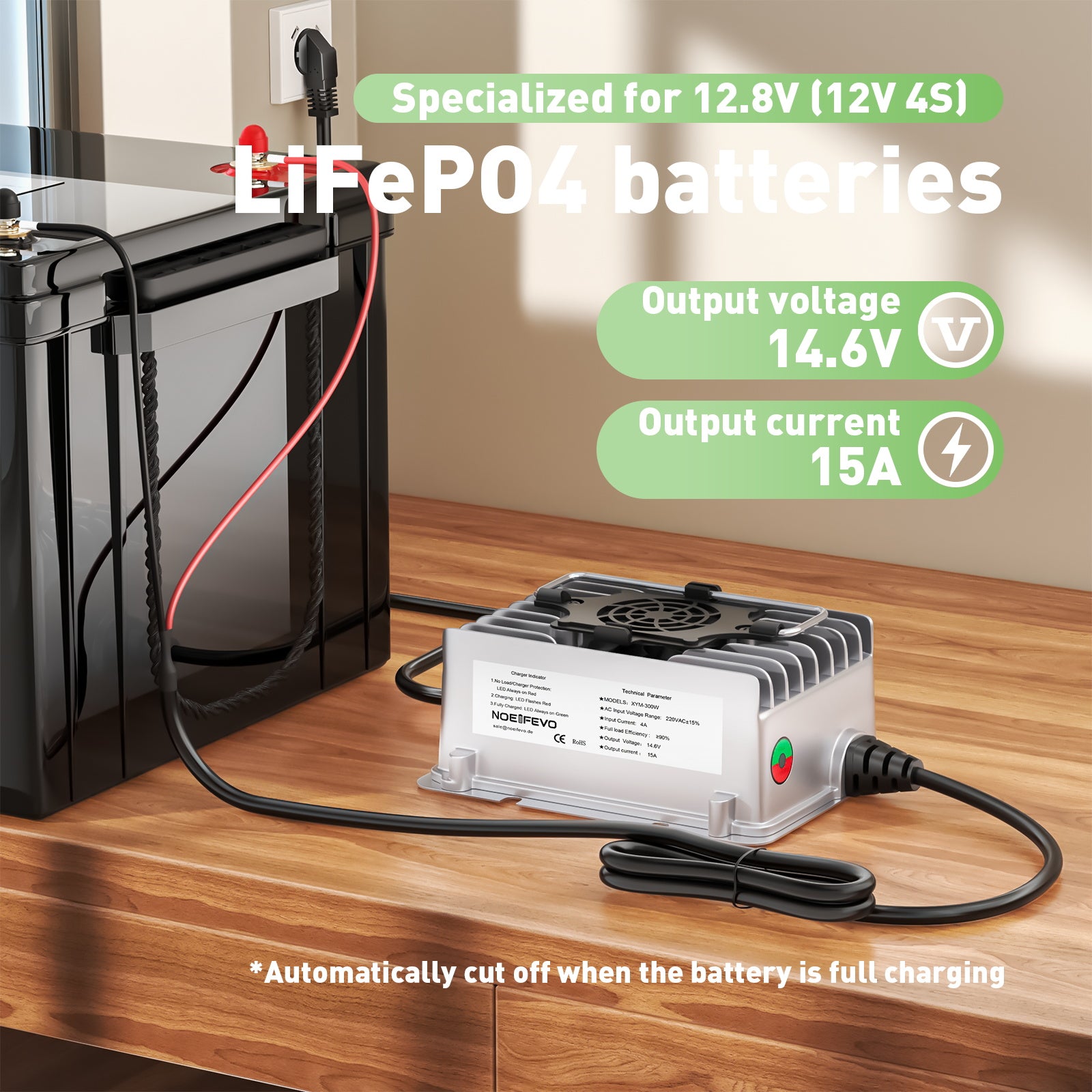 NOEIFEVO 14,6V 15A vandtæt LiFePO4 batterioplader til 12V(12,8V) 4S LiFePO4 batteri