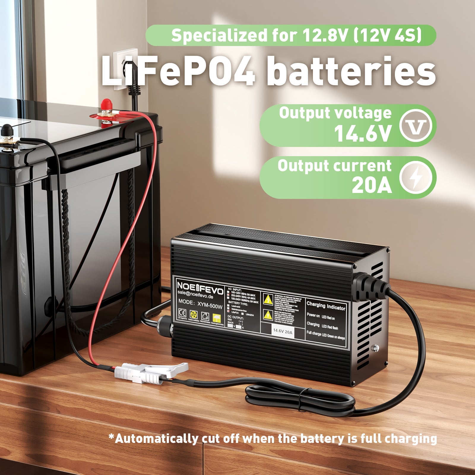 Noeifevo 14.6V 20A LiFePO4 batterijlader voor 12V 12.8V LiFePO4 lithium-batterij, 0V BMS-activering, automatische uitschakeling, behuizing van aluminiumlegering