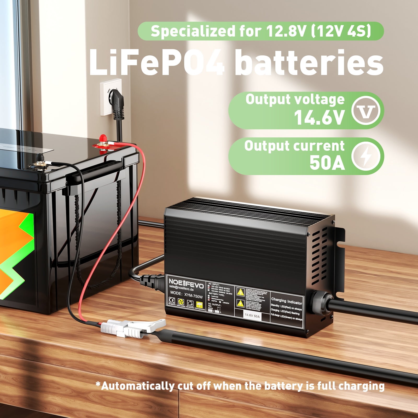 Noeifevo 14.6V 50A LiFePO4 batterioplader til 12V(12.8V) LiFePO4 batteri, Reset LiFePO4 batterioplader