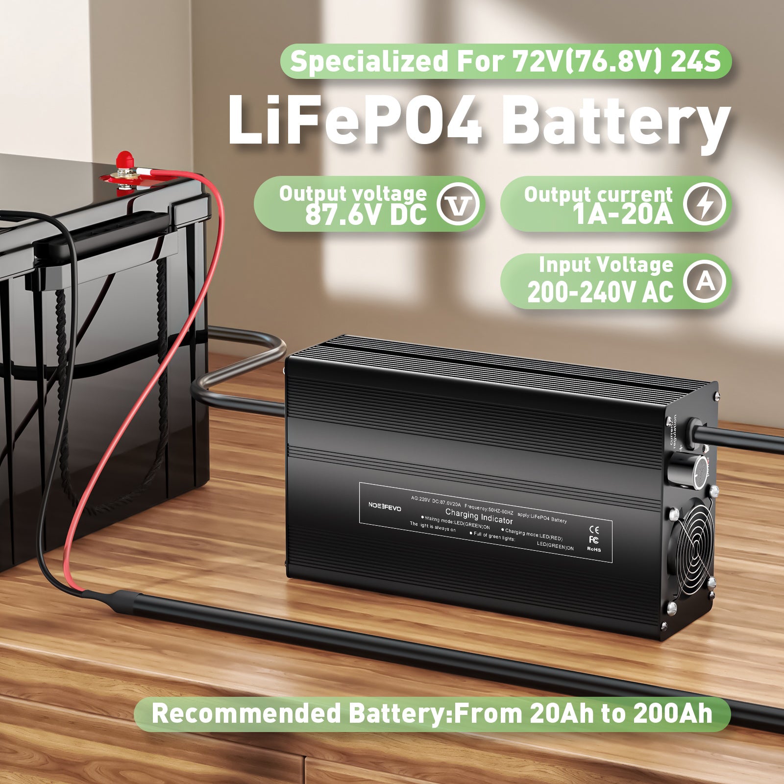 NOEIFEVO 87.6V 20A Litium-LiFePO4-laddare för 76.8V 24S LiFePO4-batteri, LCD-display, justerbar ström, laddare för trollingmotor, båt och husvagnar