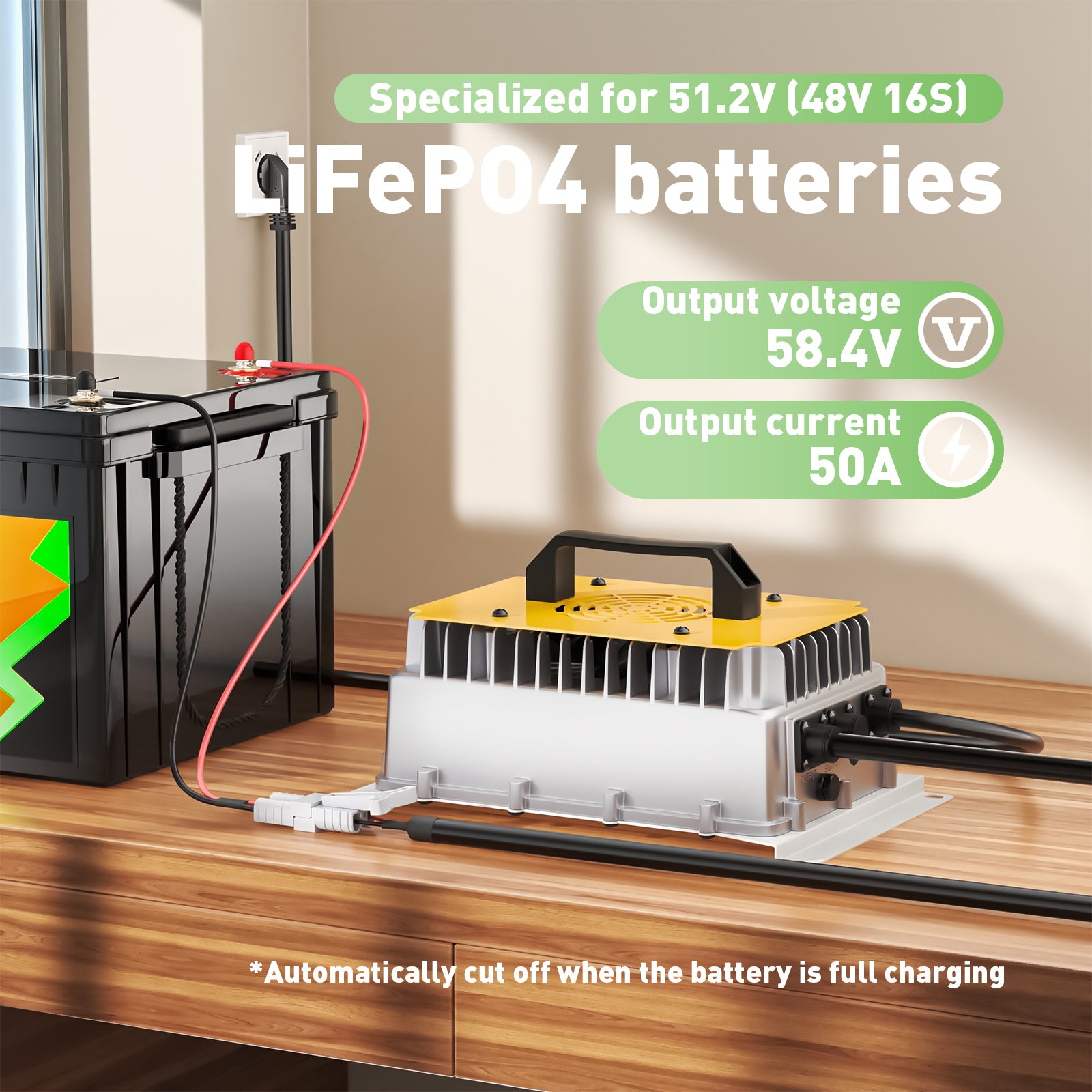 NOEIFEVO 58.4V 50A LiFePO4 Akku Ladegerät für 51.2V(48V) 16S LiFePO4 Batterie, wasserdicht, 0V BMS Aktiviert