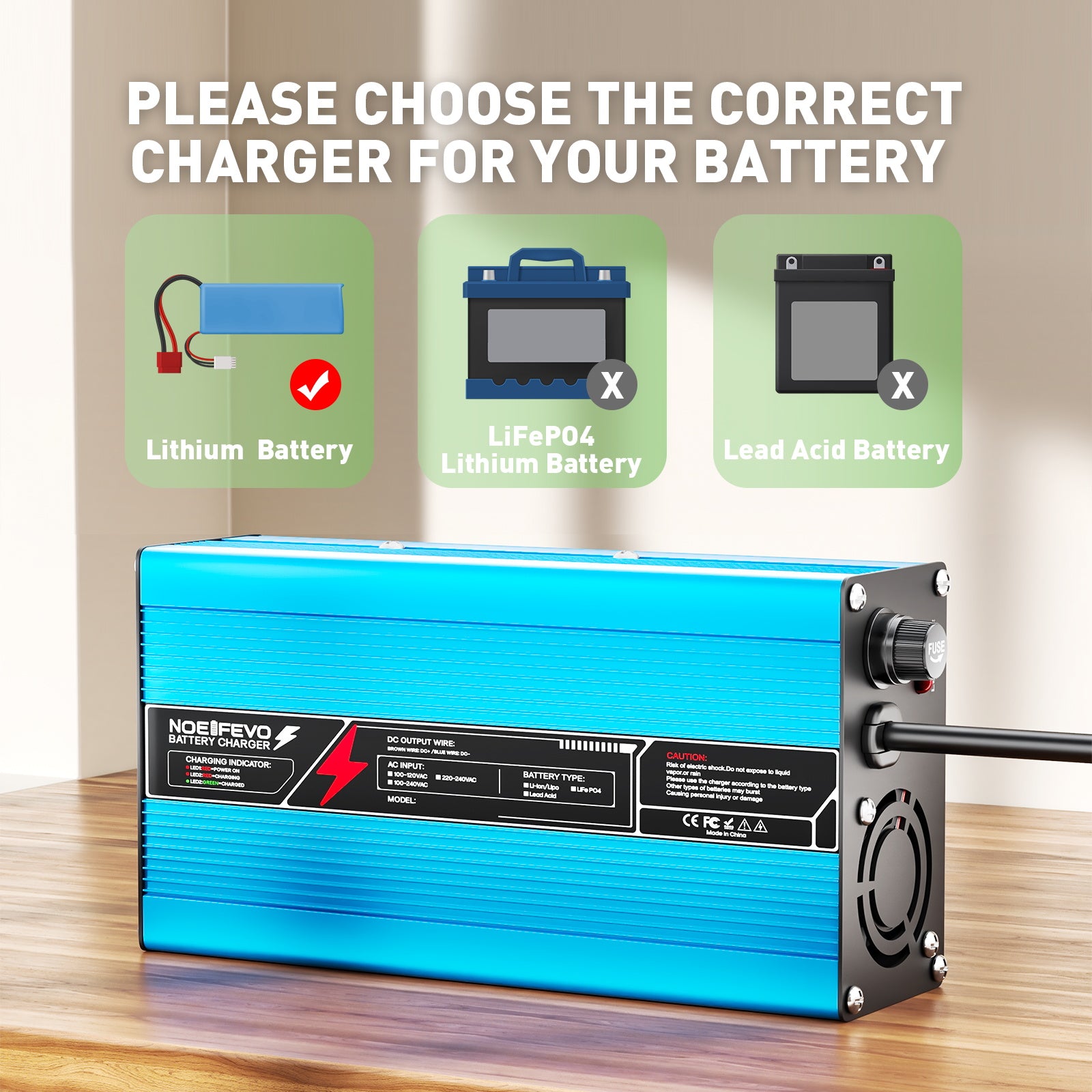 NOEIFEVO 42V 10A 10S Lithium-batterilader, til 10S 37V Li-Ion batteri, automatisk slukning, aluminiumhus, med blæser (blå)