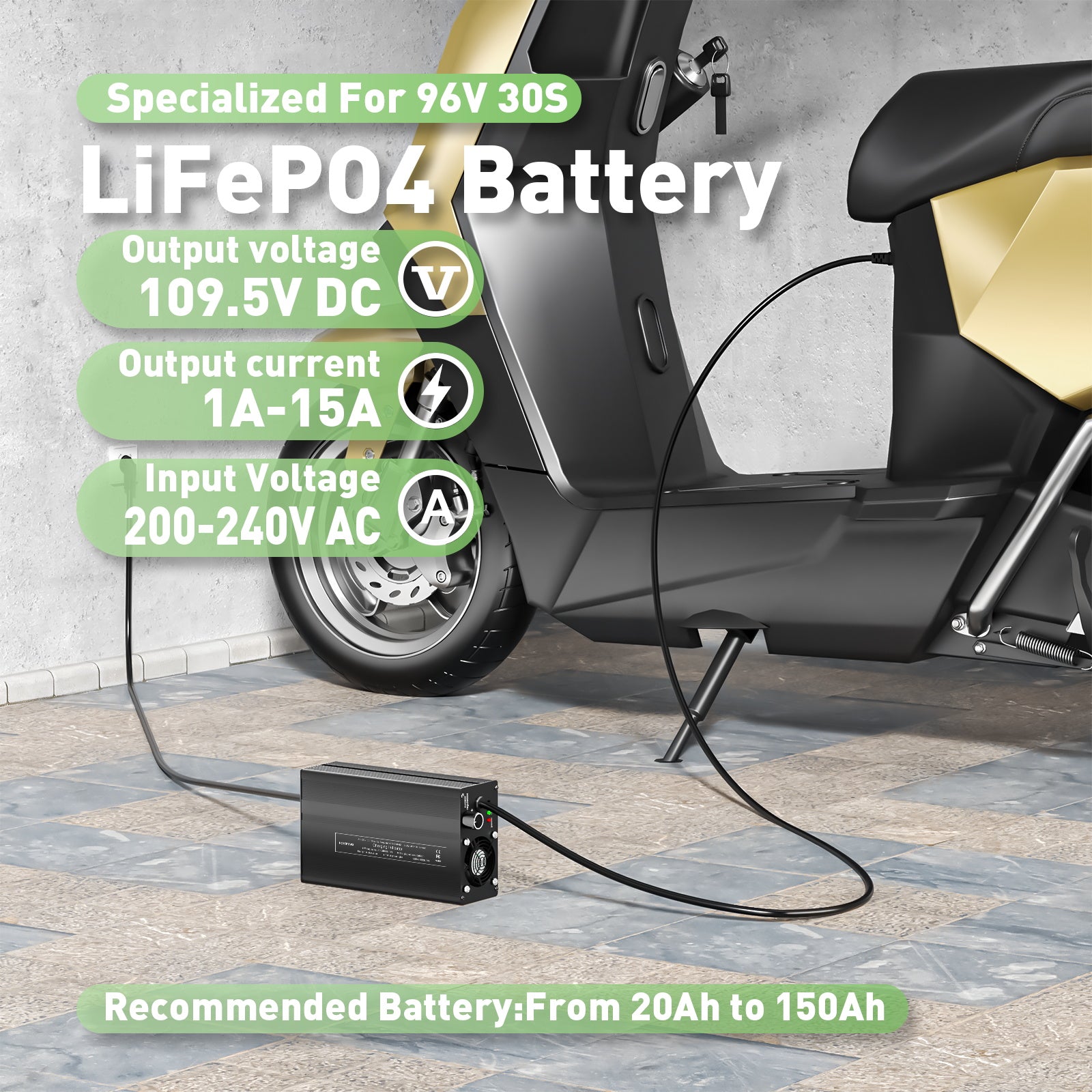 NOEIFEVO 109.5V 1A-15A LiFePO4 Batterijlader, geschikt voor 96V 30S LiFePO4-batterij, LCD-scherm, instelbare stroom