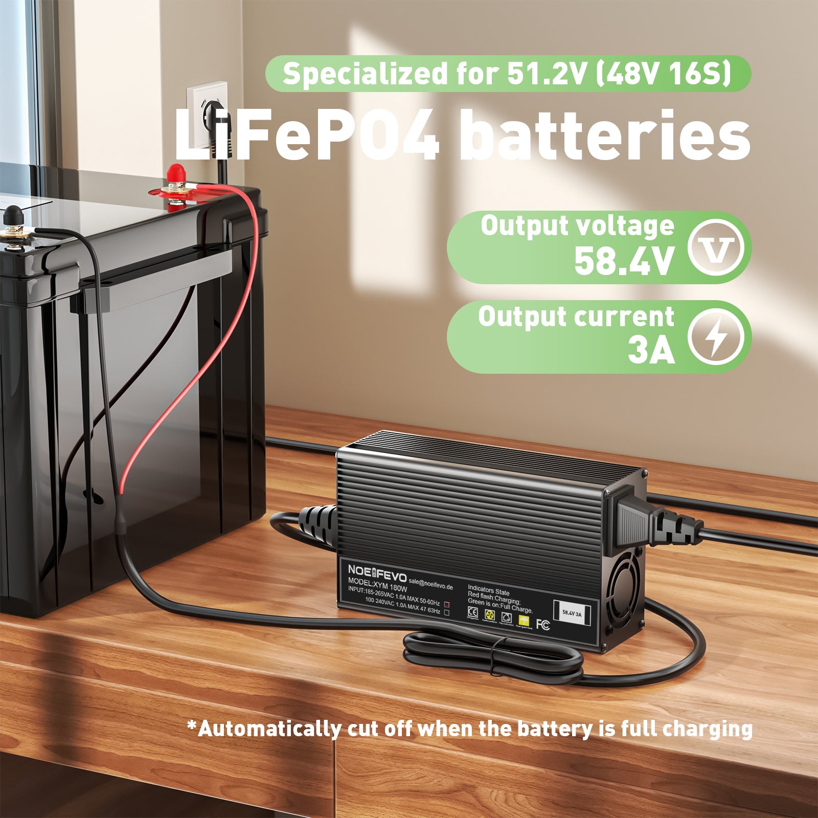 Noeifevo 58.4V 3A LiFePO4 Akku Ladegerät für 48V 51.2V 16S LiFePO4 Batterie, XLR/IEC/XT60/Anderson 50A/M8