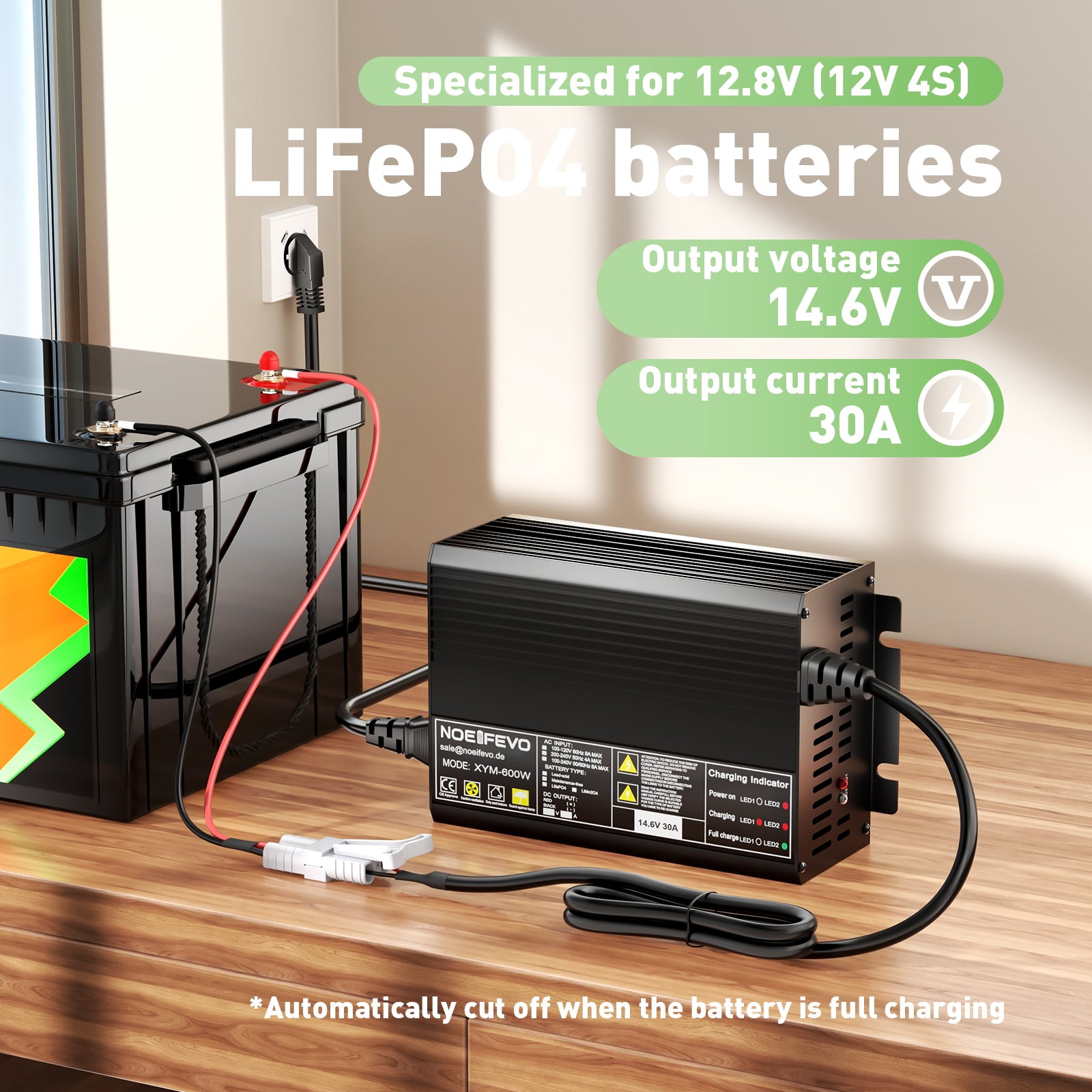 Noeifevo 12V 12,8V 30A Lithium LiFePO4 batteriladdare, laddningsspänning 14,6V, 0V BMS aktivering, automatisk avstängning, aluminiumhus