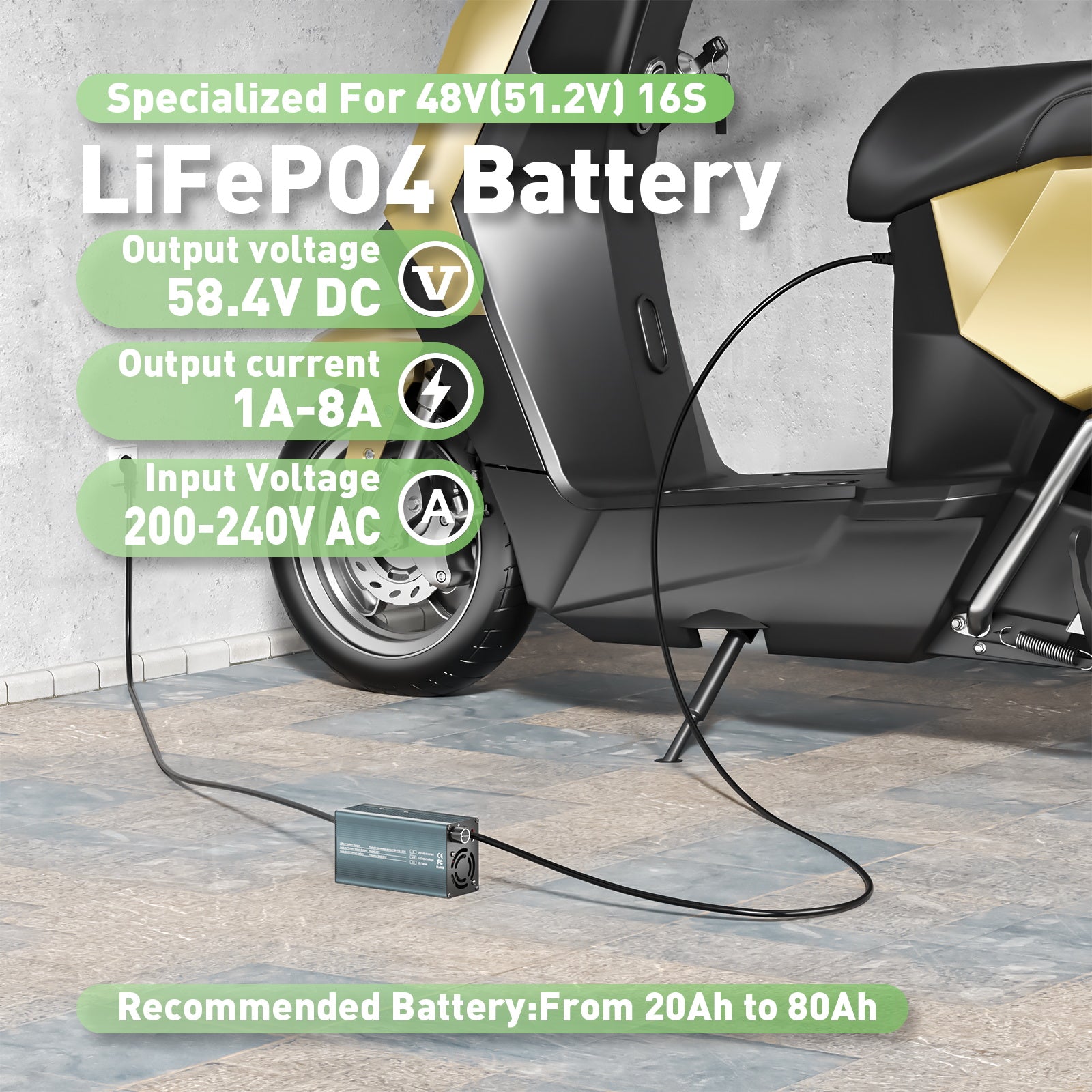 NOEIFEVO 58.4V 8A Lithium LiFePO4 Batterilader til 51.2V 16S LiFePO4 batteri, LCD-skærm, justerbar strøm, oplader til golfvogne, trollingmotorer, både og campingvogne