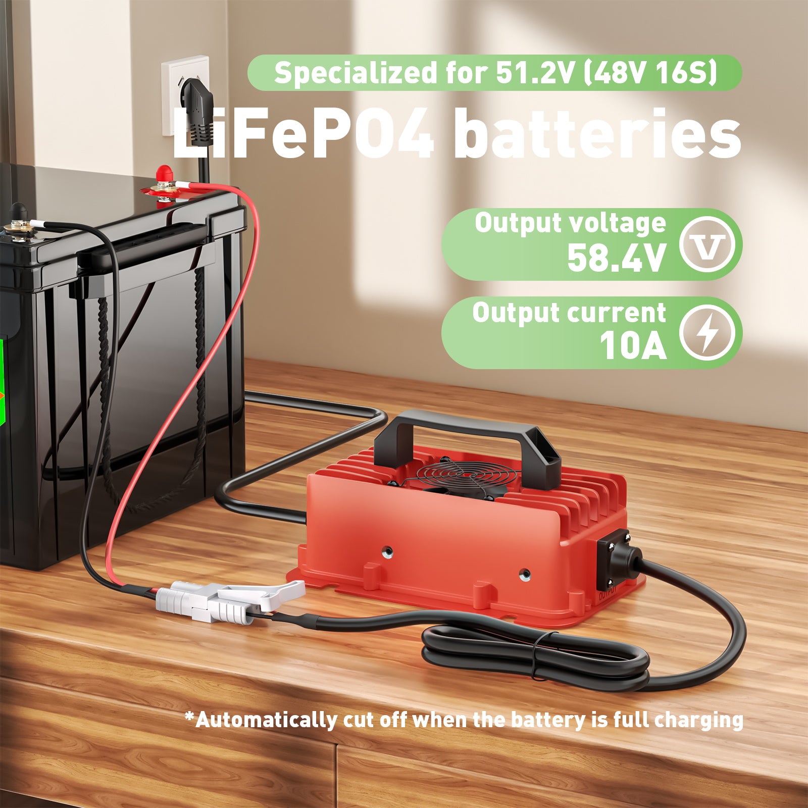 NOEIFEVO 58.4V 10A Lithium LiFePO4 batterijlader voor 51.2V (48V) 16S batterij, waterdicht, automatische uitschakeling met volledige bescherming
​