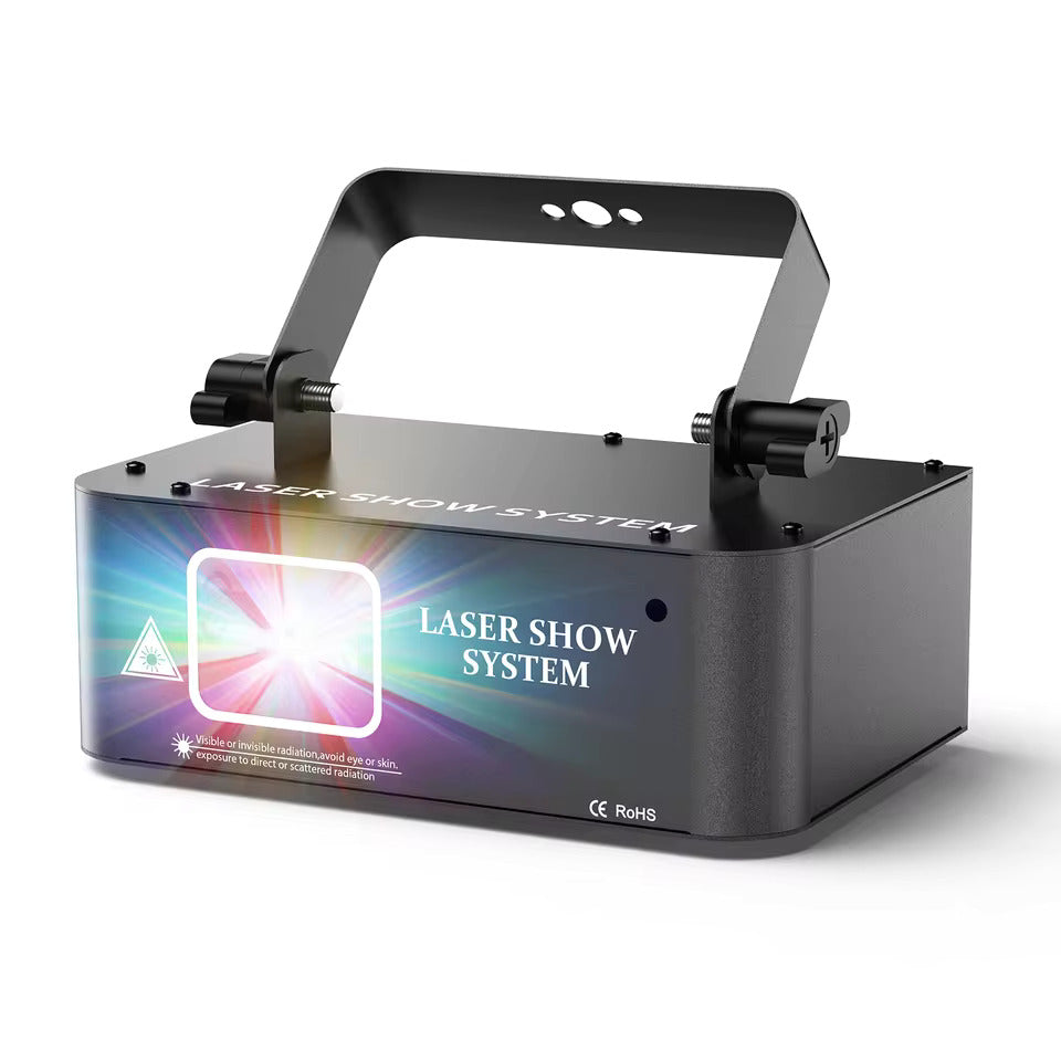 Laser-lavaprojektori RGB-laserilla, skannausvaloeffekte, LED-sisävalaistus lavaa varten – täydellinen DJ:ille, diskoihin, syntymäpäivä- ja hääjuhliin. Tukee DMX512:ta ja ääniohjattua toimintaa