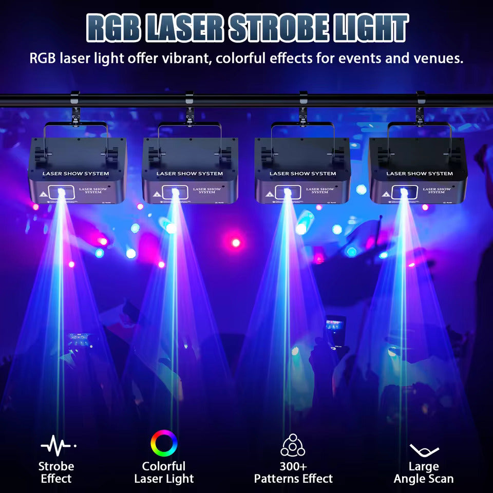 Laser-lavaprojektori RGB-laserilla, skannausvaloeffekte, LED-sisävalaistus lavaa varten – täydellinen DJ:ille, diskoihin, syntymäpäivä- ja hääjuhliin. Tukee DMX512:ta ja ääniohjattua toimintaa