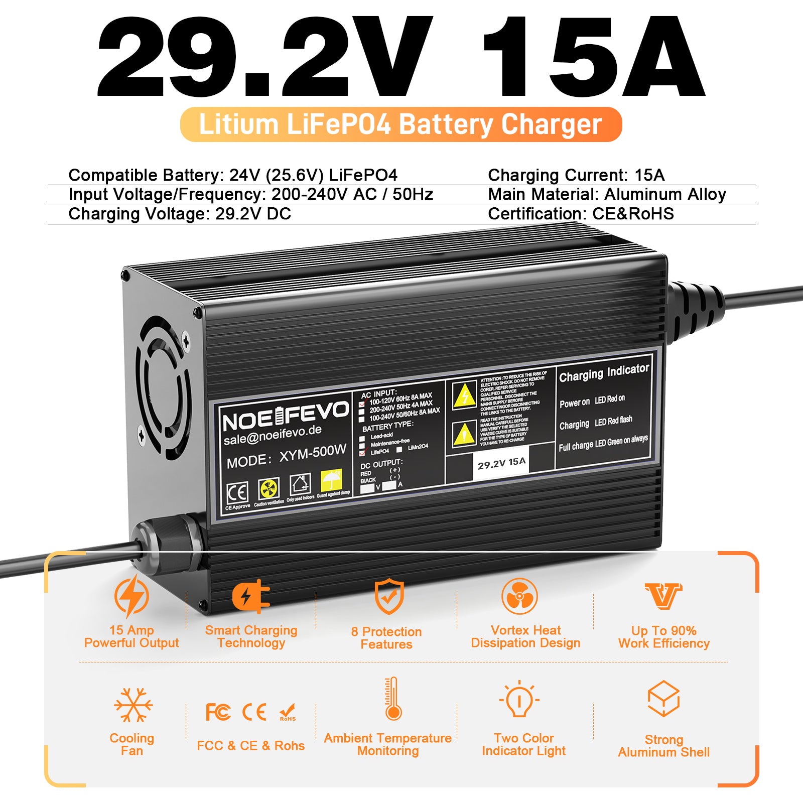 Noeifevo 29,2V 15A LiFePO4 batterilader for 24V 25,6V litiumbatteri, 0V BMS-aktivering, automatisk avstenging med full beskyttelse
​