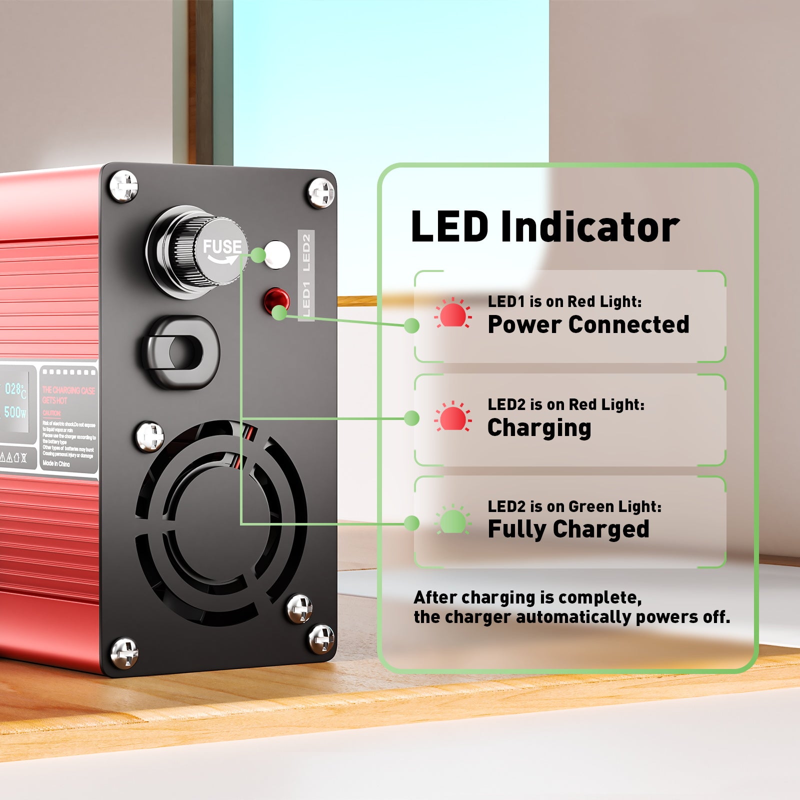 NOEIFEVO 48V 8A Caricabatterie al piombo-acido, tensione di carica 55.2V-58.8V, spegnimento automatico, display OLED, involucro in alluminio, con ventola