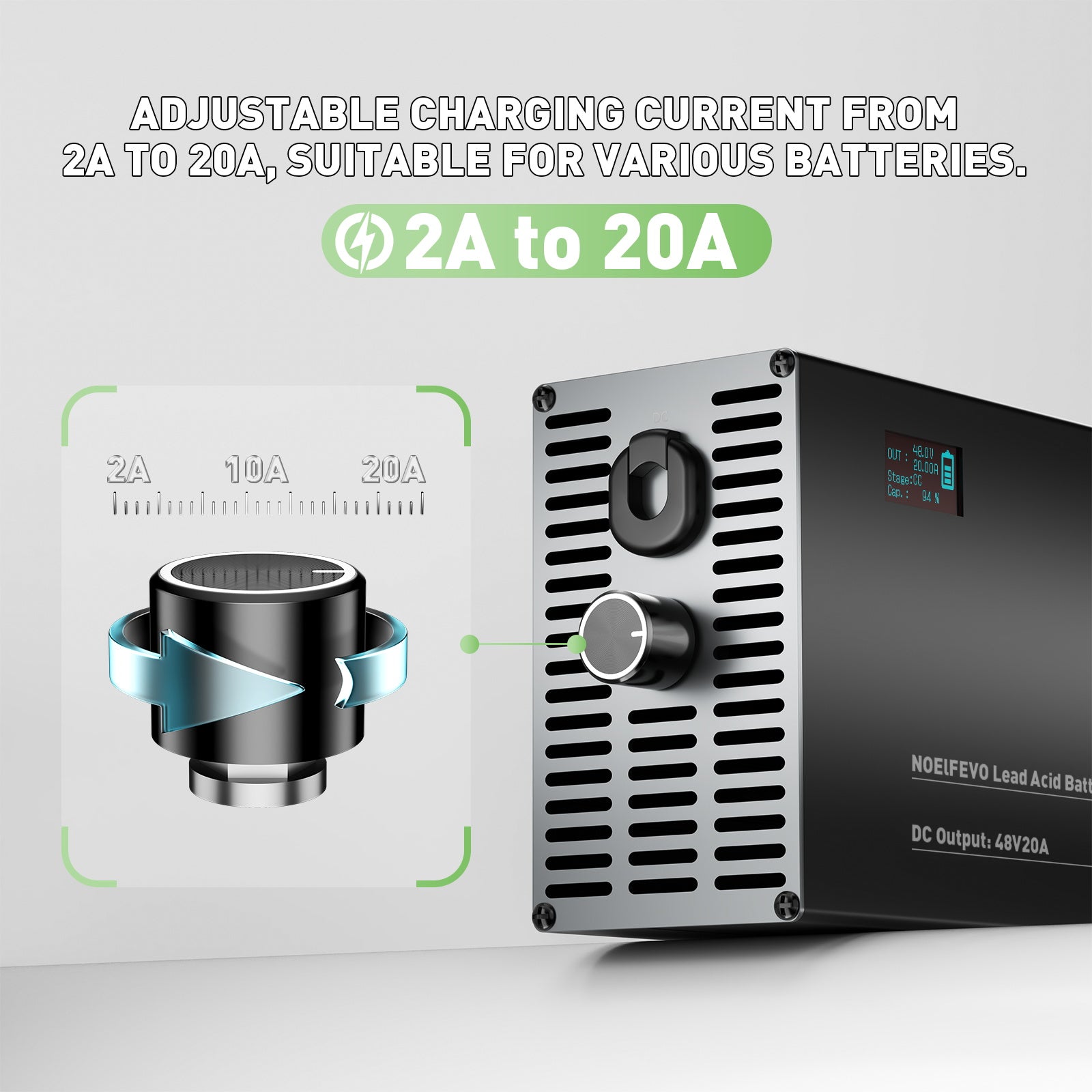 NOEIFEVO 48V 2A-20A Carregador de Bateria Ajustável de Corrente para Baterias de Chumbo-Ácido, AGM, Gel, Carregador de Bateria para Carrinhos de Golfe, Com Display LED