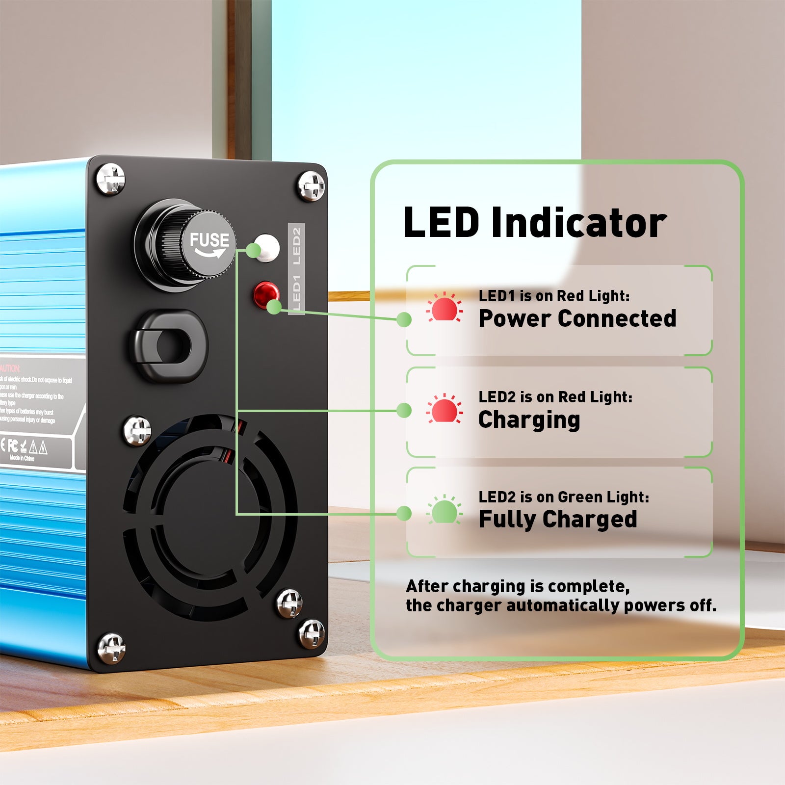 NOEIFEVO 29,4V 10A Lithium-batterijlader voor 25,9V 7S-batterij, automatische uitschakeling, aluminium behuizing, met ventilator