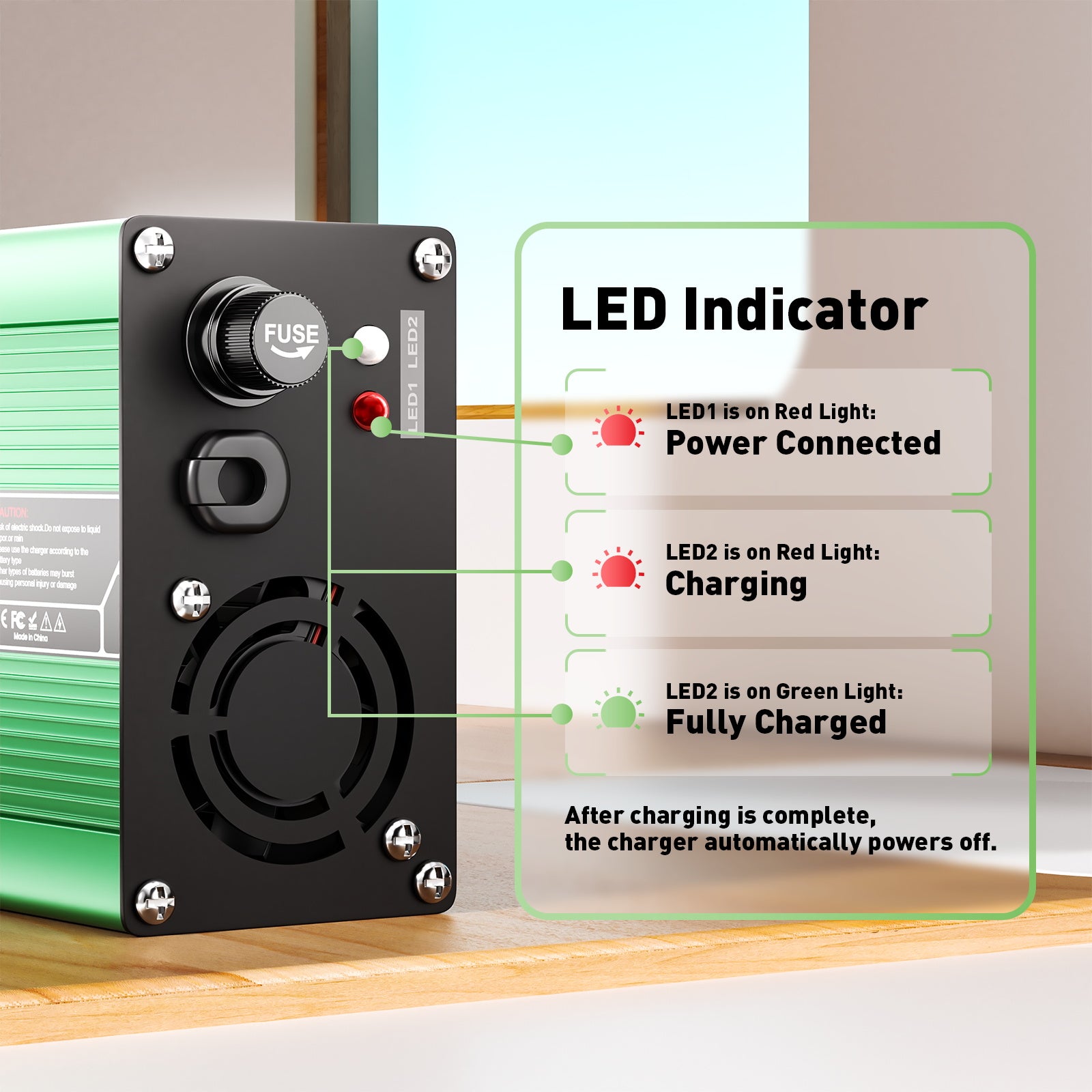 NOEIFEVO 55.2V-58.8V 3A Loodzuur Batterijlader voor 48V Loodzuurbatterij, Koelventilator, Automatische Uitschakeling (GREEN)