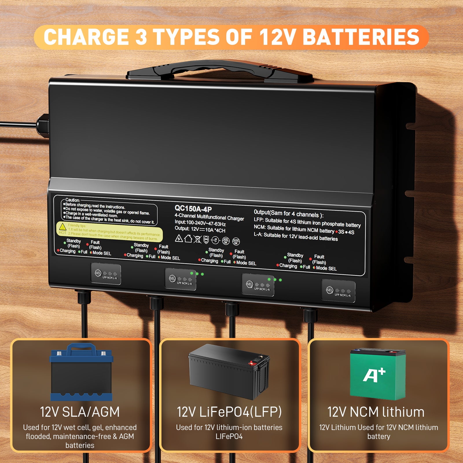 NOEIFEVO Universell batteriladdare 12V 40A 4-bankar (10A/bank), vattentät 12V LiFePO4 litium-blybatteriladdare för husbil, båt, motorcykel, gräsklippare, trollingmotor och blybatteri