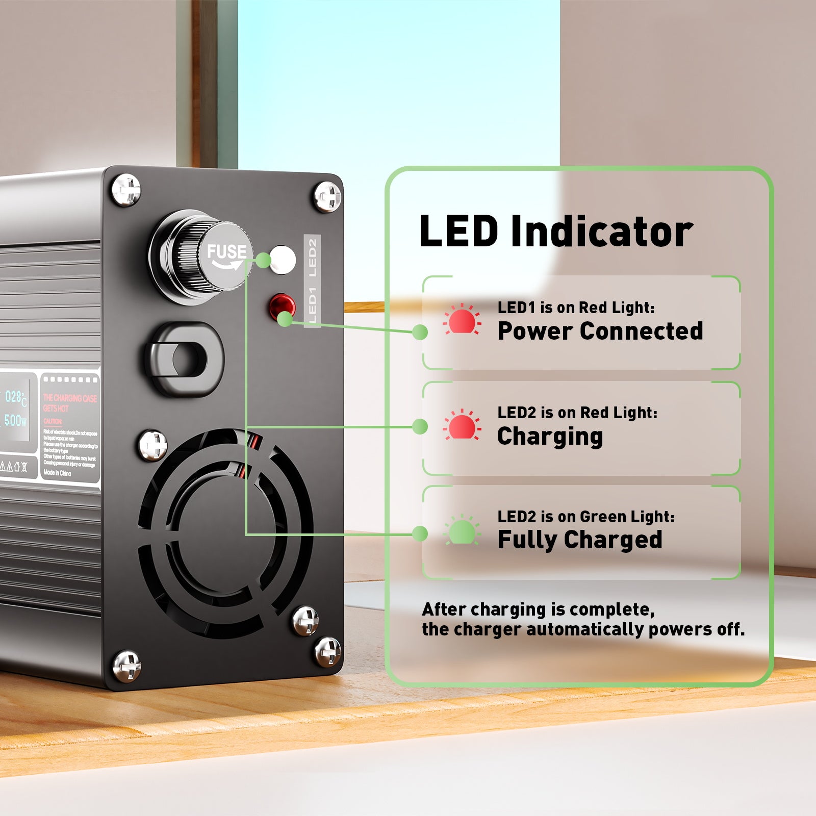 NOEIFEVO 54.6V 8A Lithium-laddare för 13S 48.1V batteri, LED-display, aluminiumhölje, fläkt